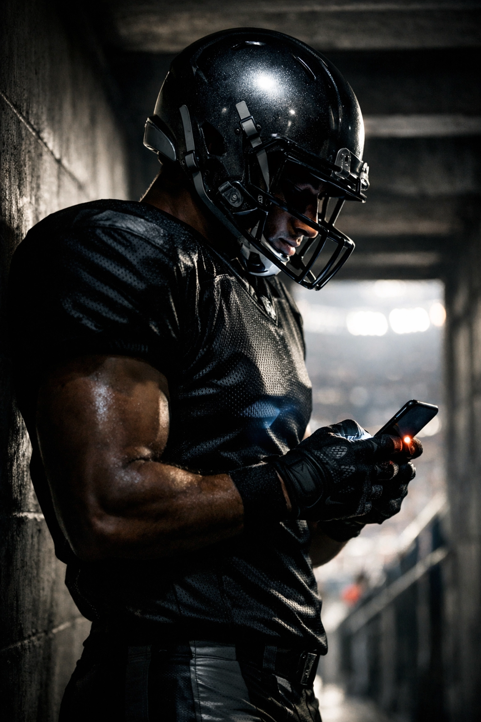 Professional athlete in a stadium tunnel using a smartphone to connect with fans via NIL digital media.