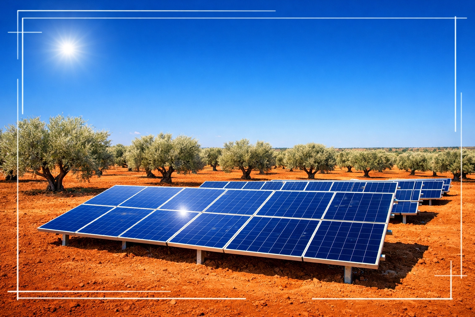 Installation de pompage solaire avec panneaux photovoltaïques dans une oliveraie en Tunisie.