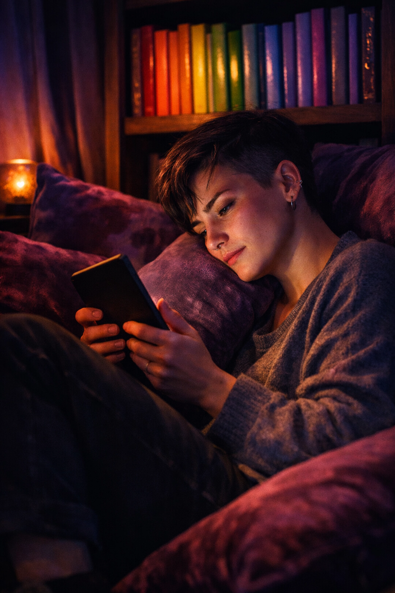 Non-binary reader enjoying queer fiction on an e-reader in a cozy nook with rainbow books.