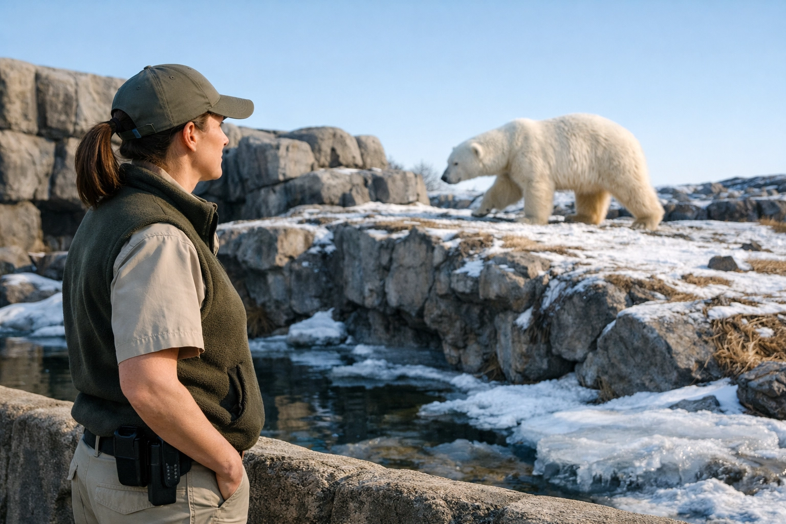 A professional zoo keeper observing a polar bear, illustrating authentic wildlife conservation stories.