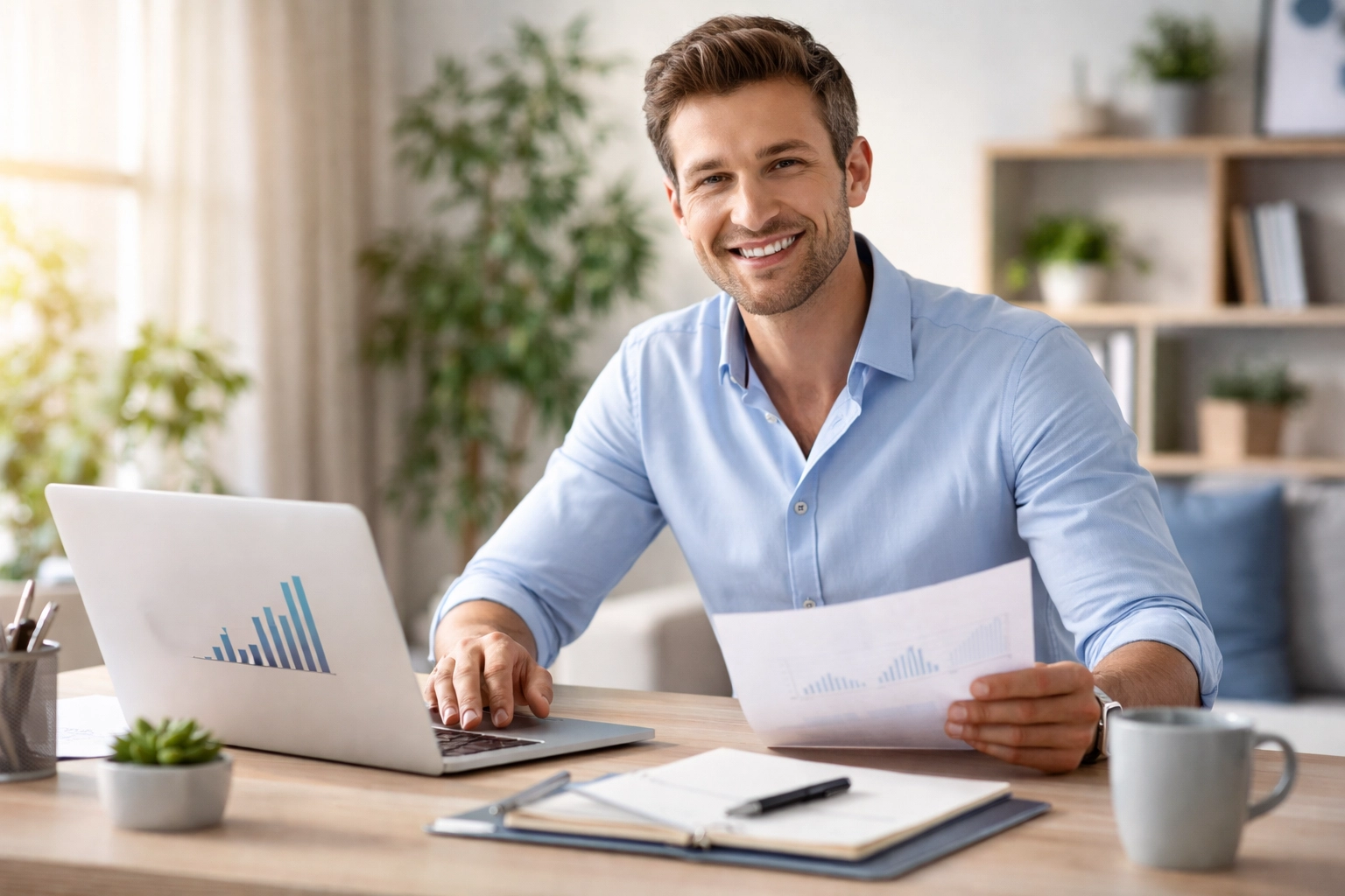 Entrepreneur working confidently at a home office desk with financial charts, highlighting Caring Transitions' low-cost, home-based franchise model.