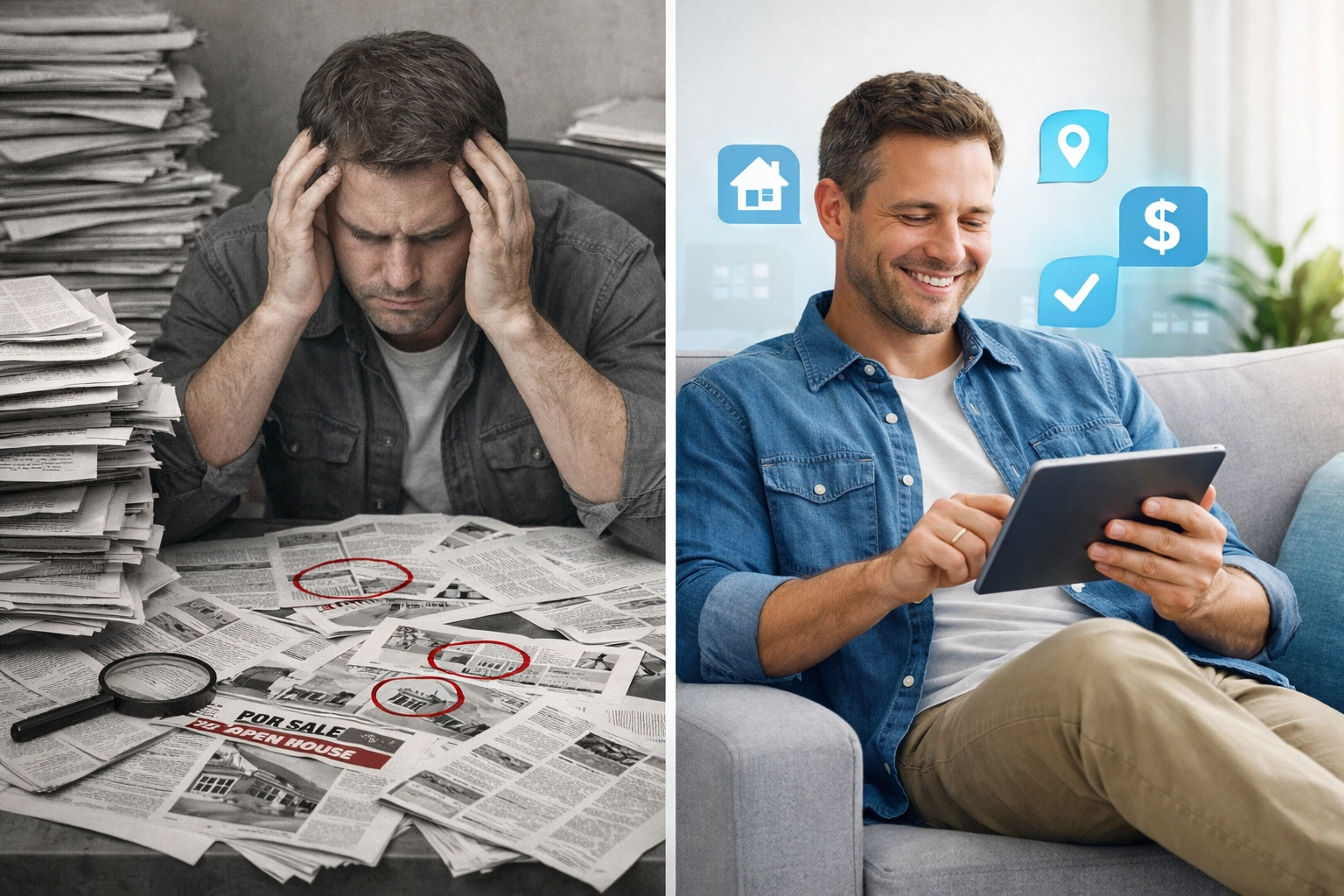 Modern home search using tablet technology versus traditional paper property listings