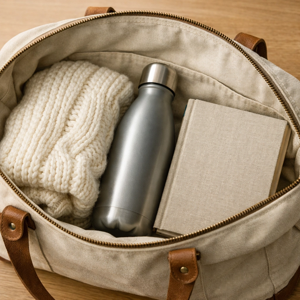 A chemotherapy treatment bag with a warm blanket, water bottle, and journal for hospital appointments.