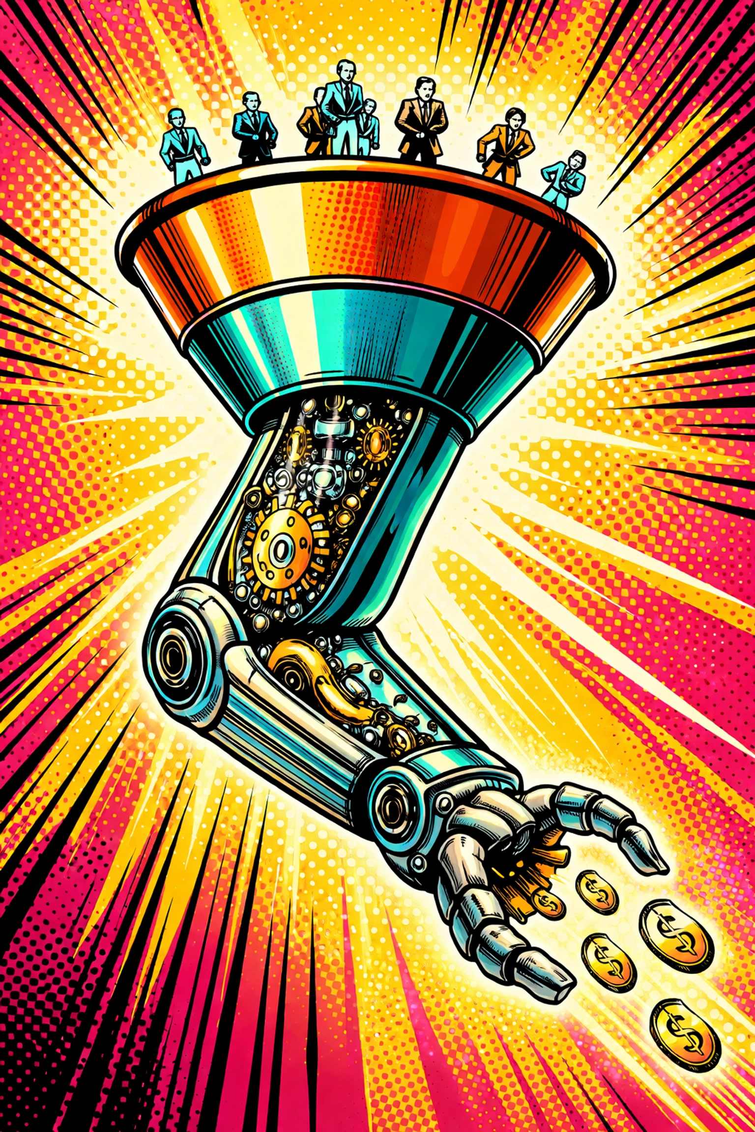 A vibrant illustration of a sales funnel transforming into automation, representing sales automation streamlining processes.