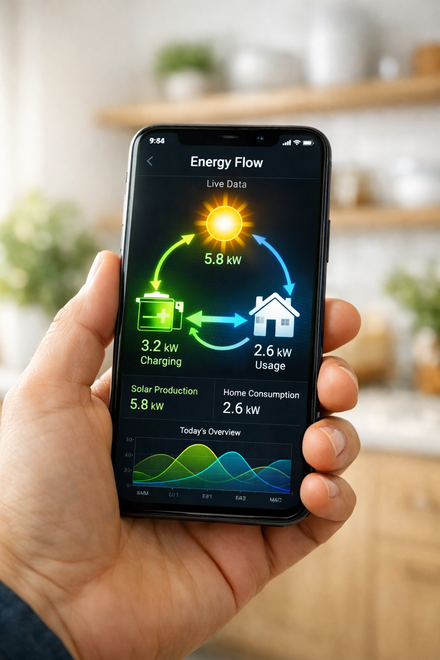 Smart home energy monitoring app displaying real-time solar generation and battery storage data.