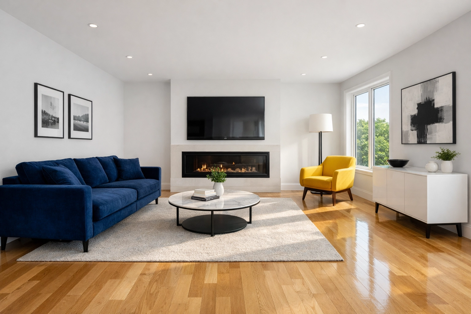 Organized minimalist living room in Massachusetts after a visit from professional cleaning services near me.
