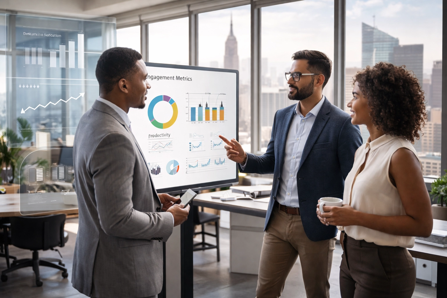 NYC office team discussing engagement metrics and productivity, with visual data showing positive effects on company performance.