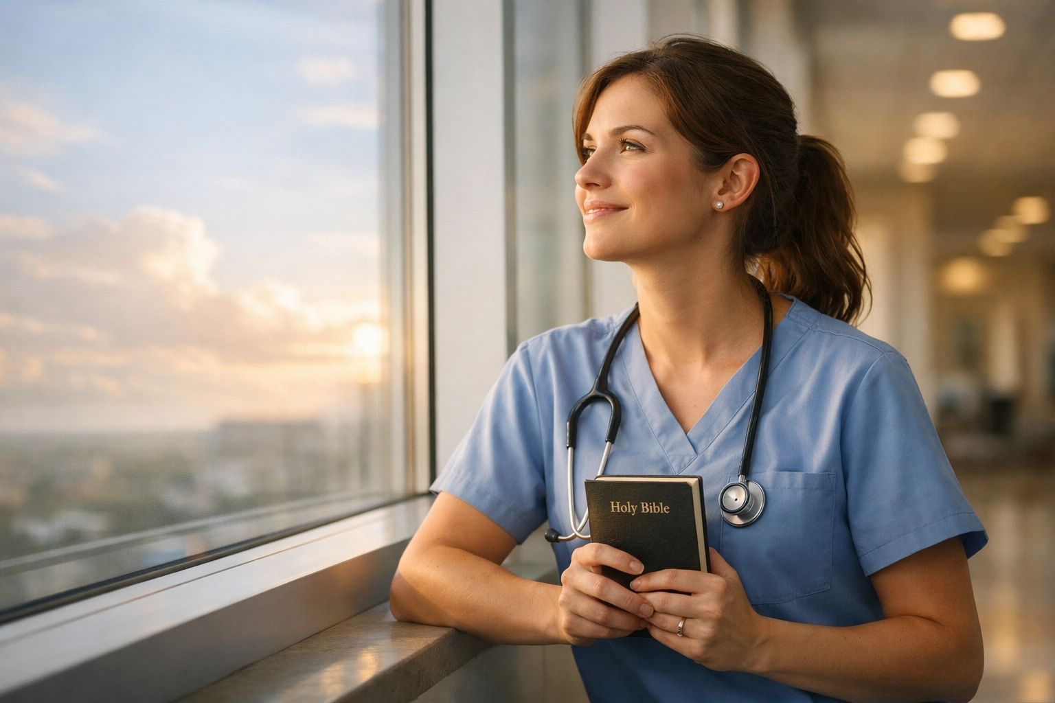 Christian nurse holding a Bible and looking up at the sky in anticipation of the Rapture.