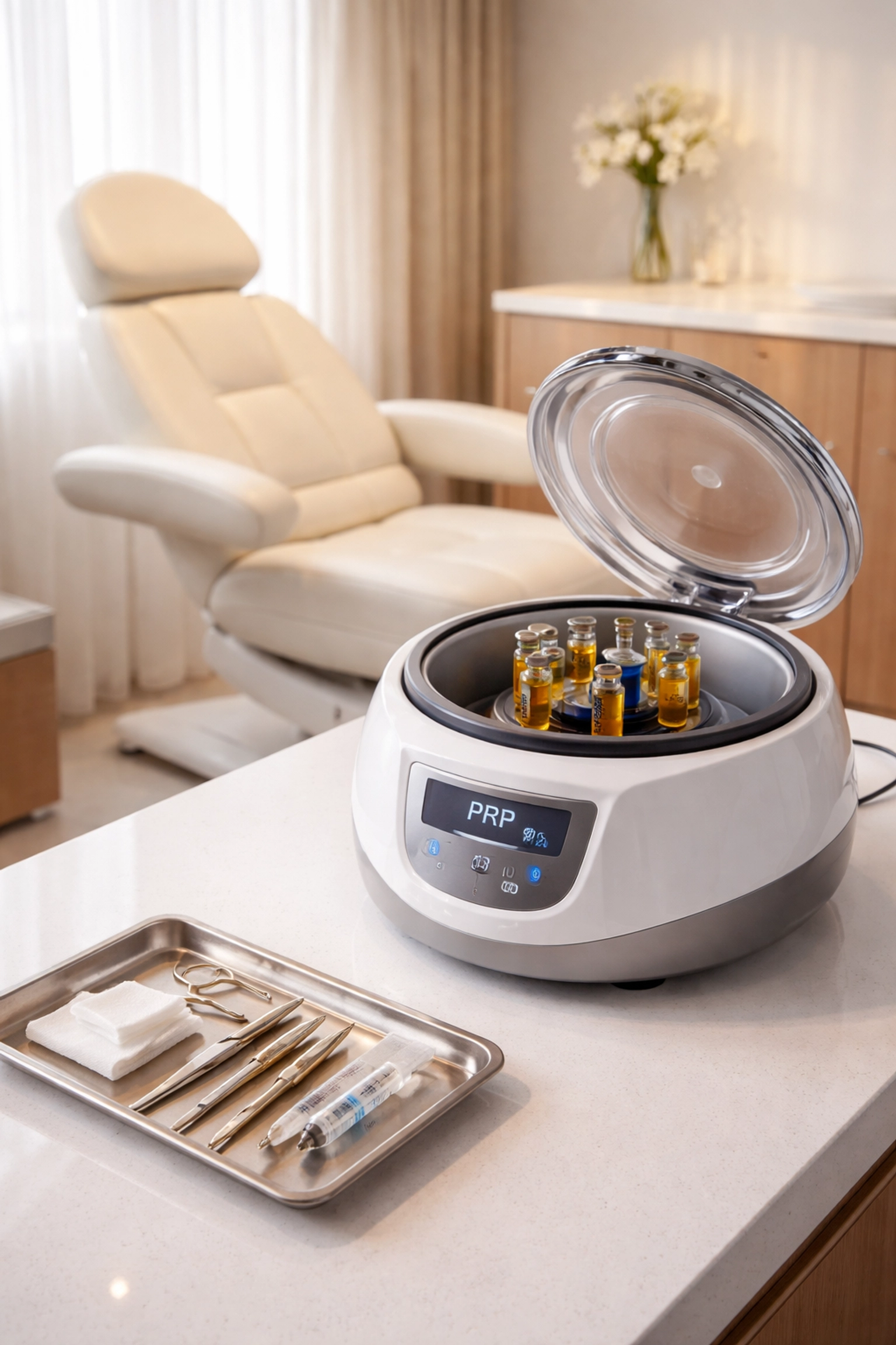 Modern West Palm Beach medical clinic room with PRP equipment for advanced hair restoration and comfortable, concierge-style care.