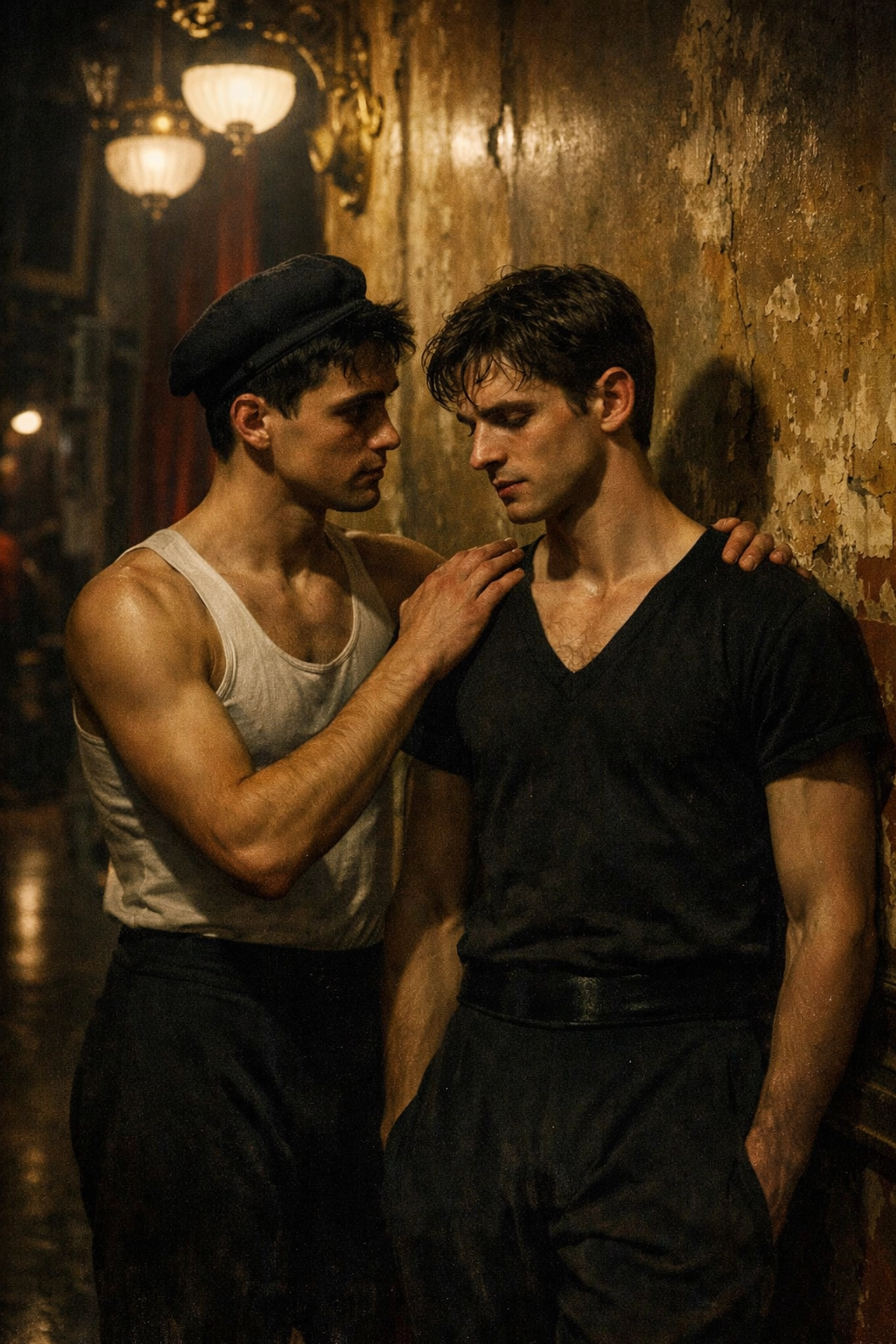 Two male ballet dancers share an intimate moment backstage at Moscow's Bolshoi Theatre during Soviet era