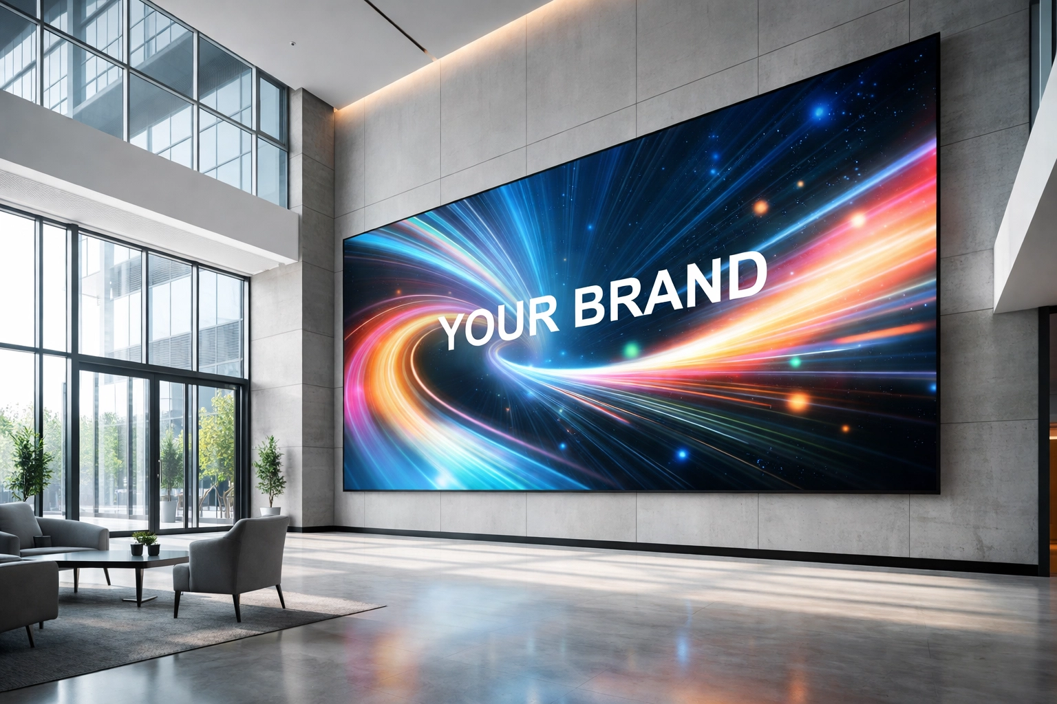 Modern corporate lobby featuring large digital signage display showing dynamic marketing content for venue activation