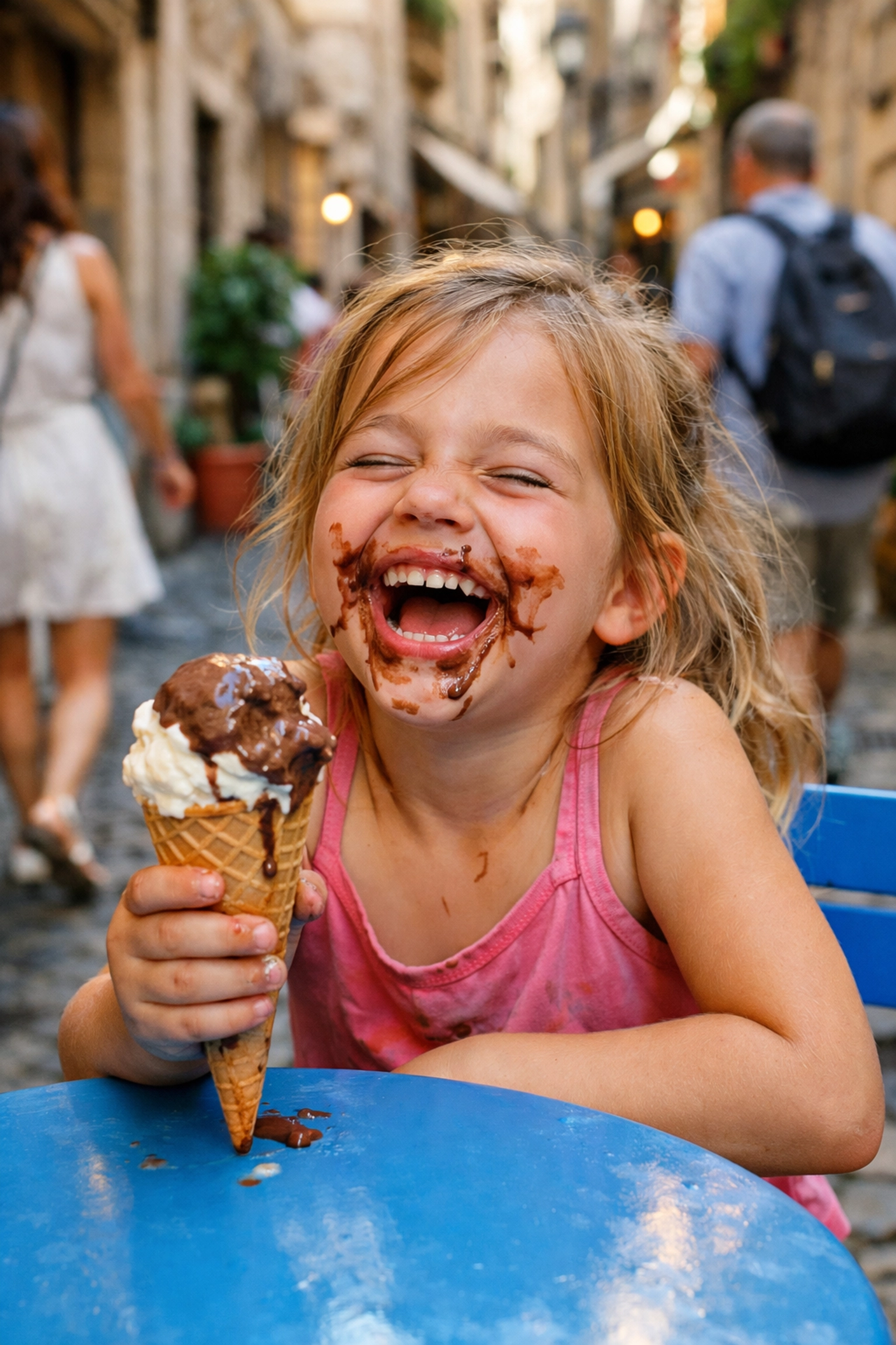 A candid moment of a child eating gelato during funnest family travel in Europe.