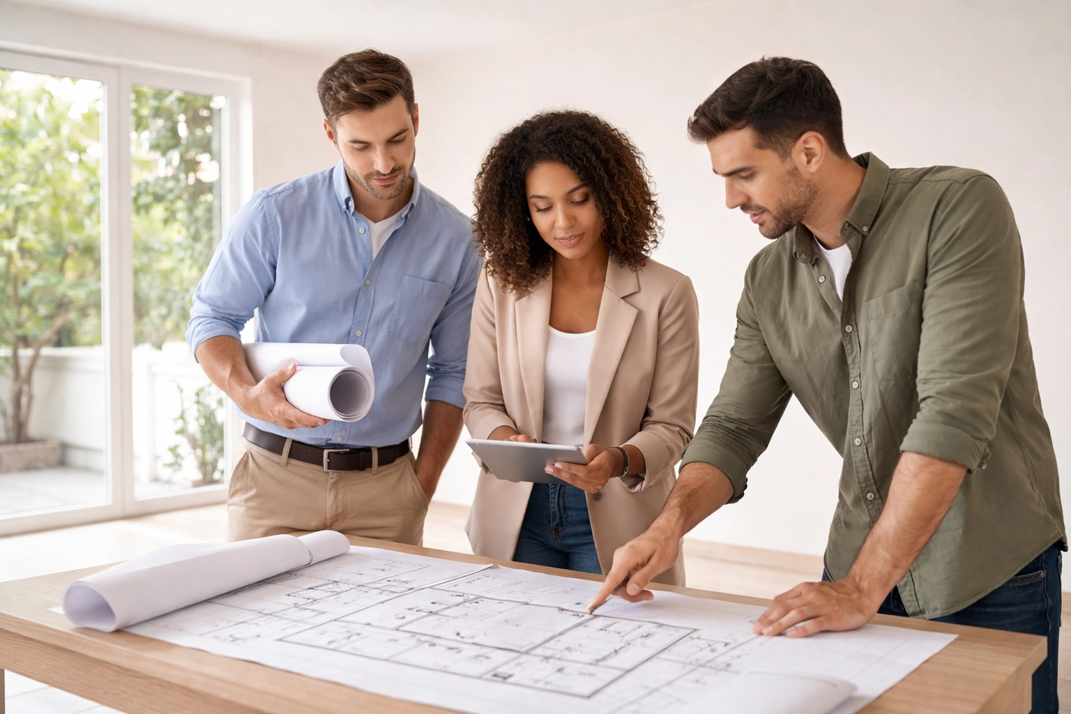 Team members inspect property under renovation