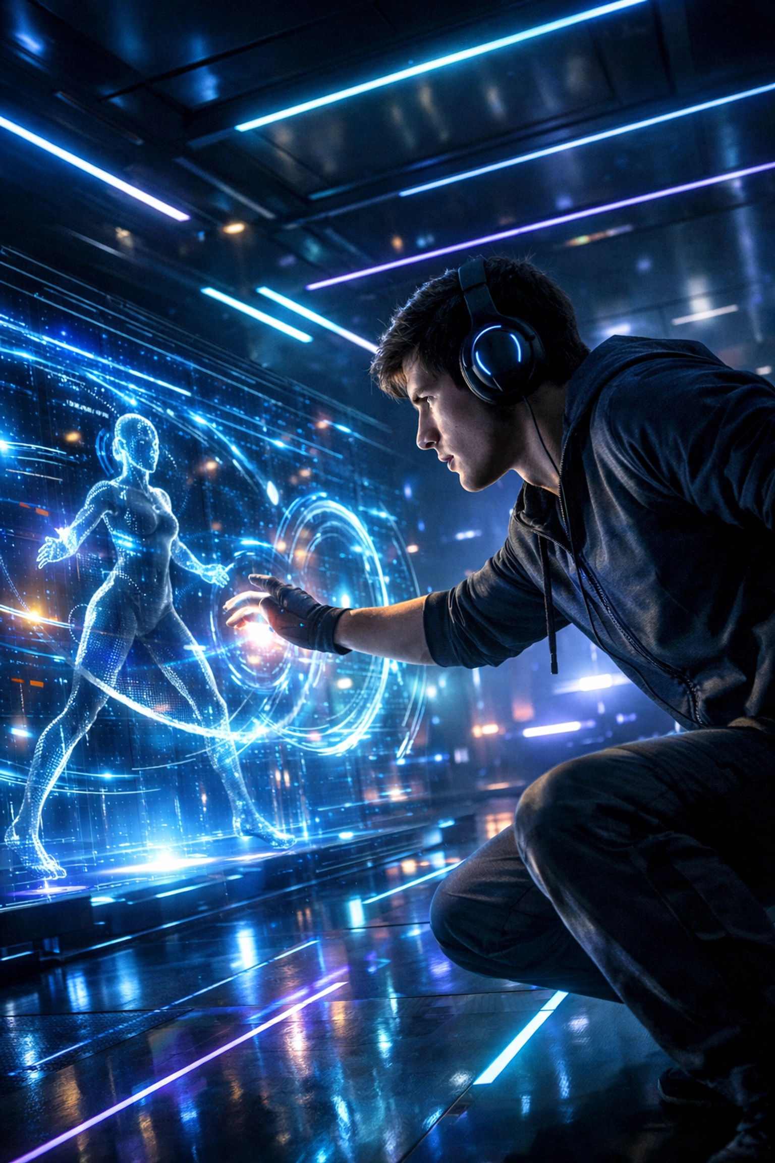 Student interacting with advanced AI simulation technology for career training in a futuristic esports lab.