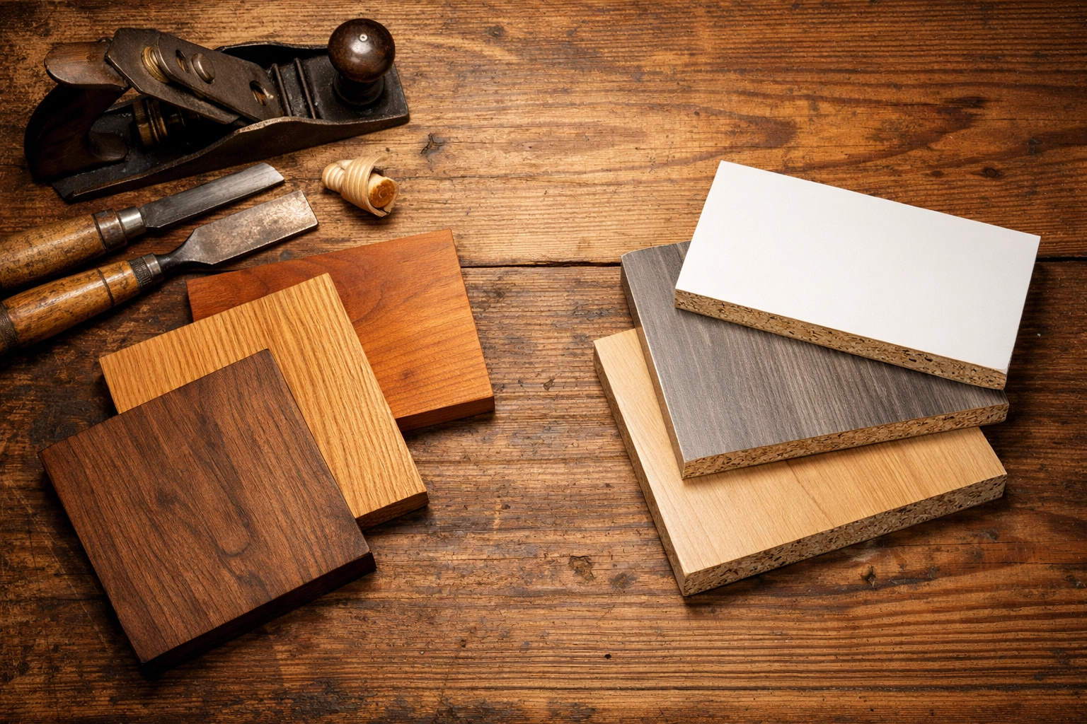 Natural hardwood samples versus synthetic particleboard showing quality material differences in artisan decor