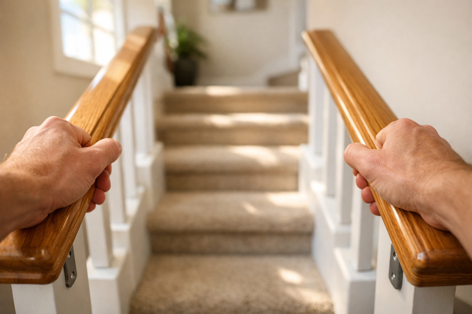 Hands gripping sturdy wooden handrails on both sides of a staircase for fall prevention.