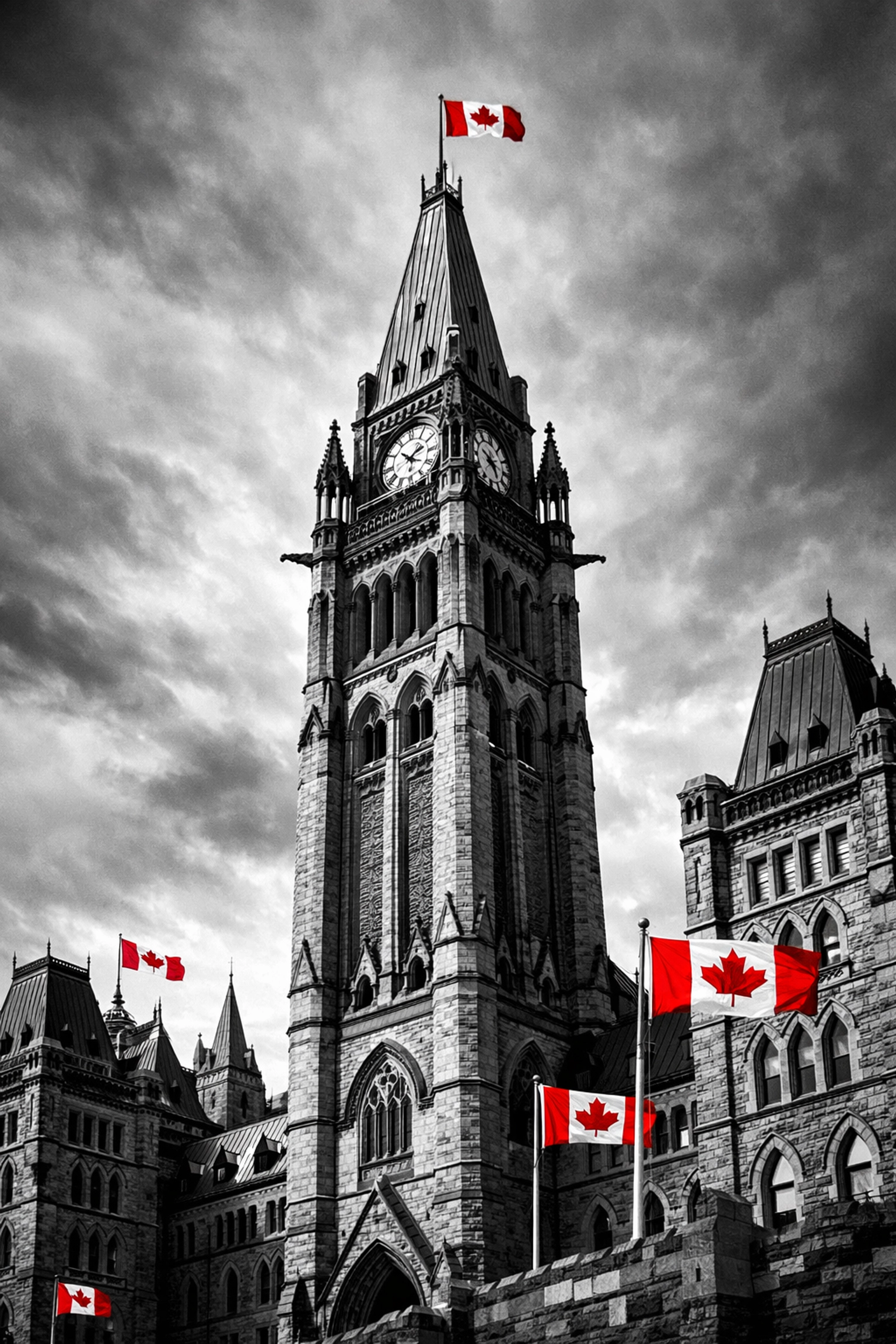 Parliament Hill Peace Tower and federal government buildings in Ottawa