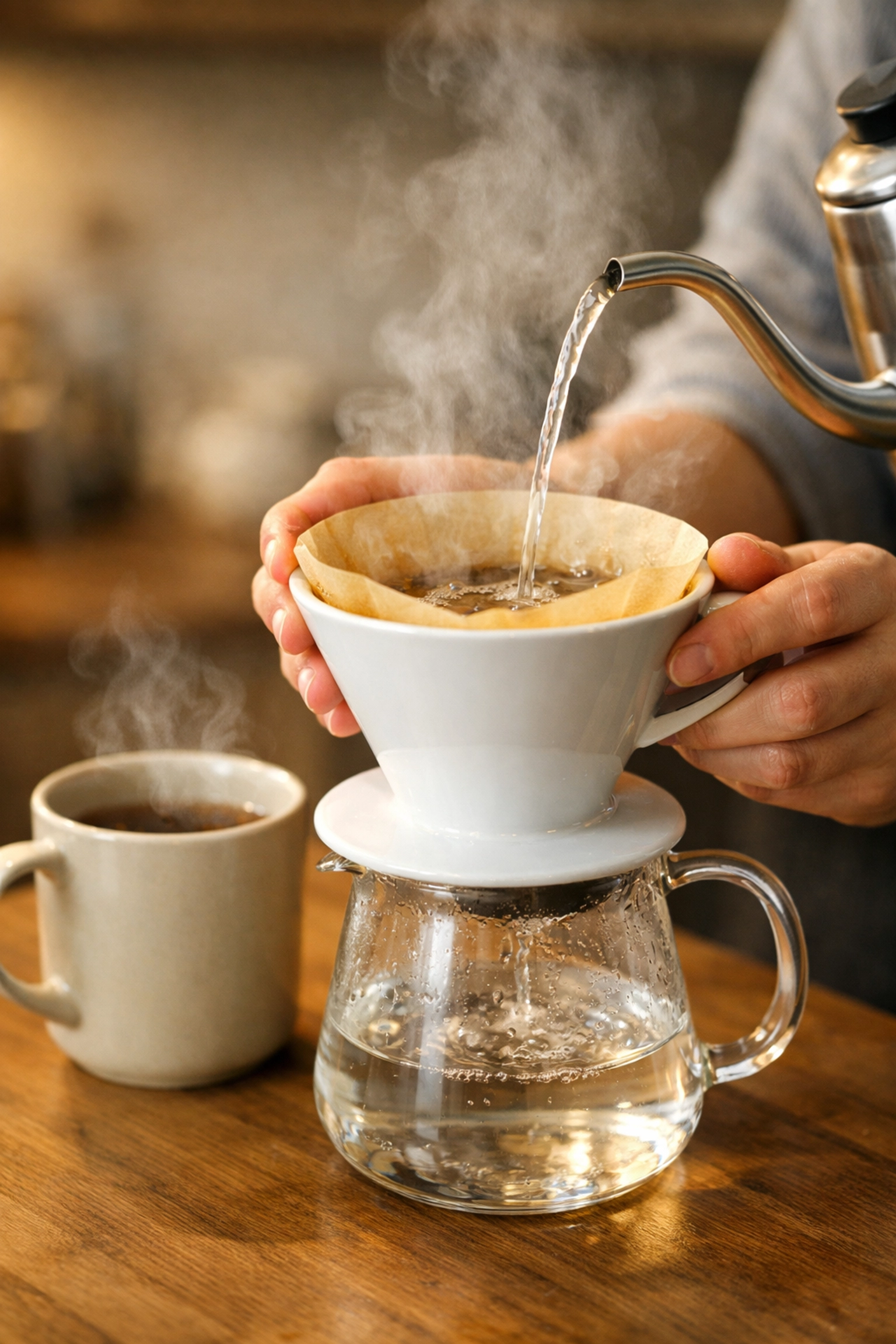 Preheating pour-over gear by rinsing paper filter with hot water over server for better extraction