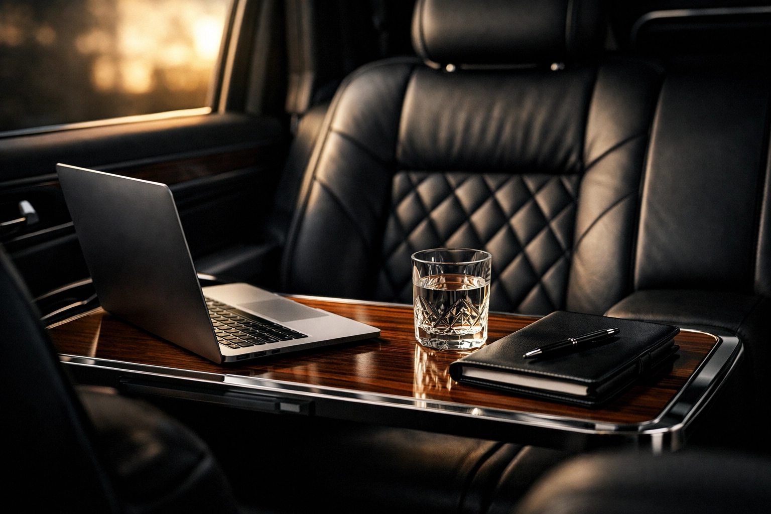 Luxury SUV mobile office interior for executive car service Tustin business travelers.