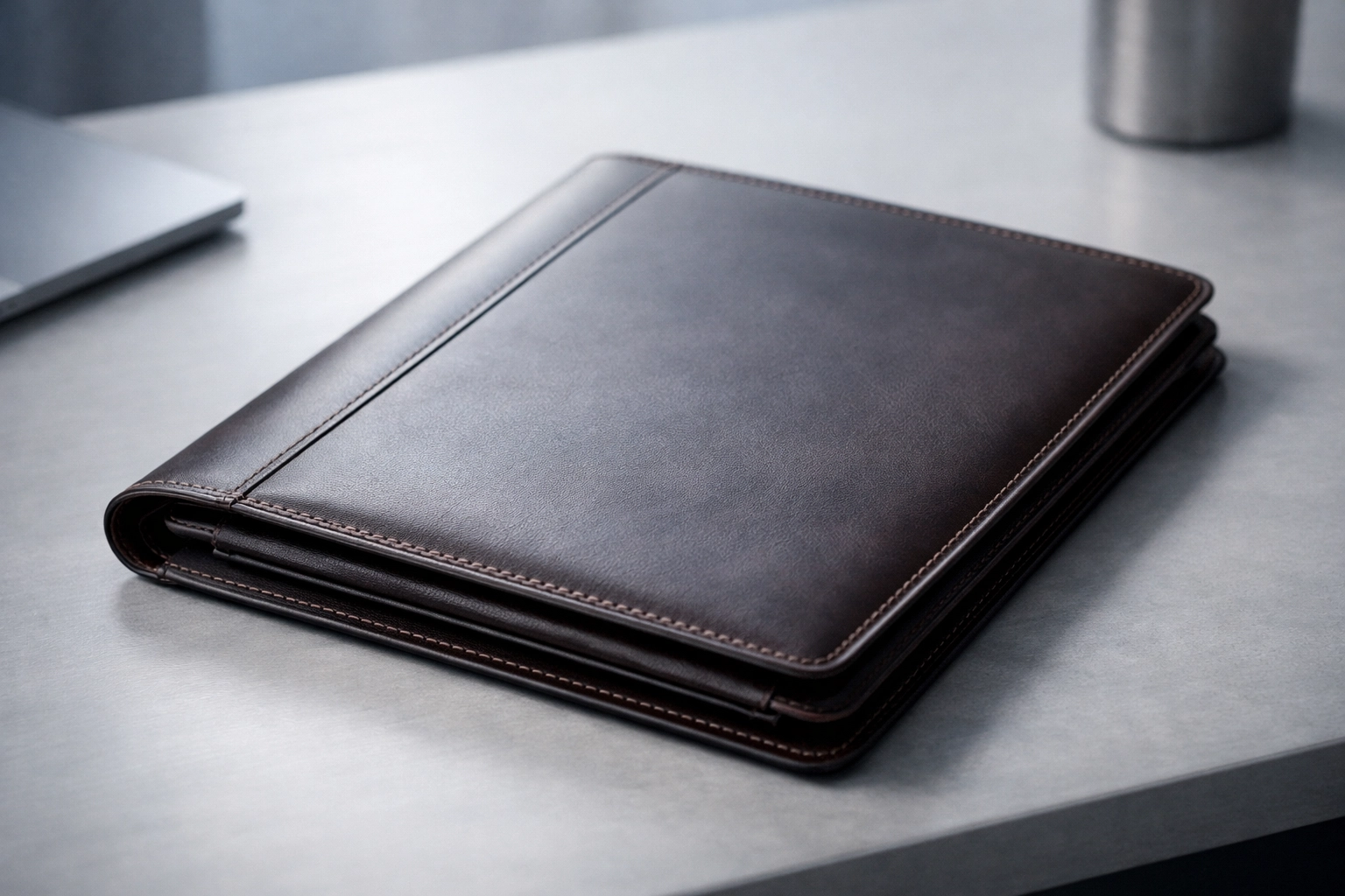 Leather-bound legal folder on a clean desk in a professional office setting