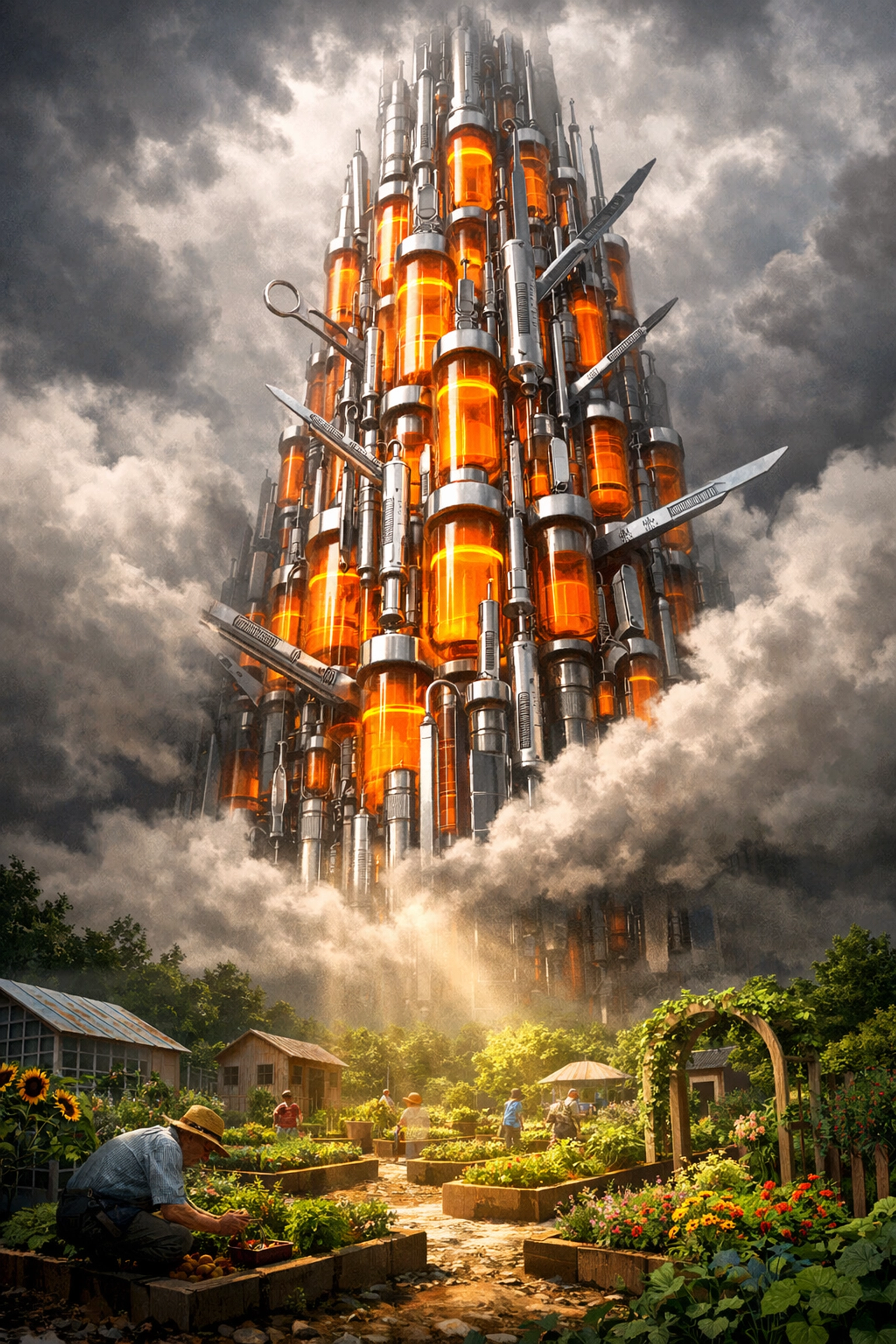 A giant tower of medical vials over a community garden, symbolizing the high cost of the medical industry.