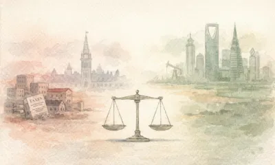 A set of balanced scales stands between two cityscapes: one with Canadian landmarks and local tax bills; the other with modern skyscrapers, symbolizing the weighing of Canadian policies against economic forces.