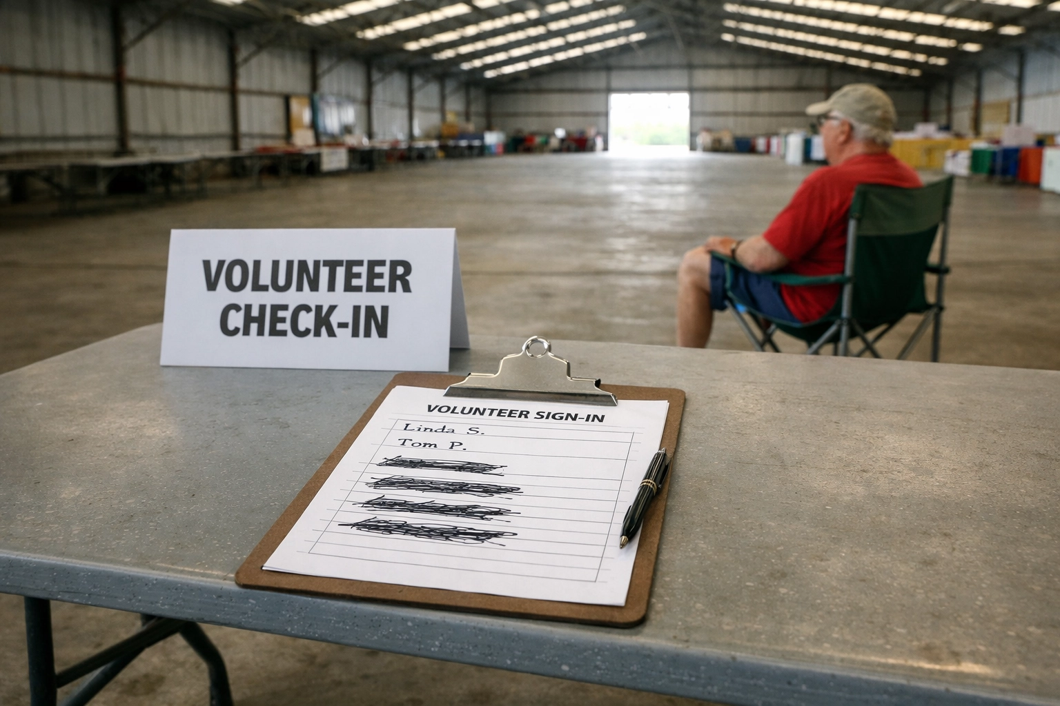 An empty volunteer check-in station illustrating the need for volunteer burnout prevention at fairs.