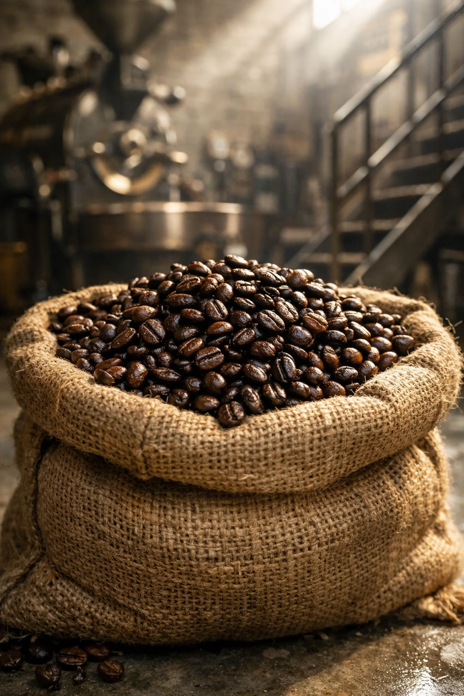 Lab-tested, toxin-reduced coffee beans in a burlap sack, essential for those with histamine sensitivities.