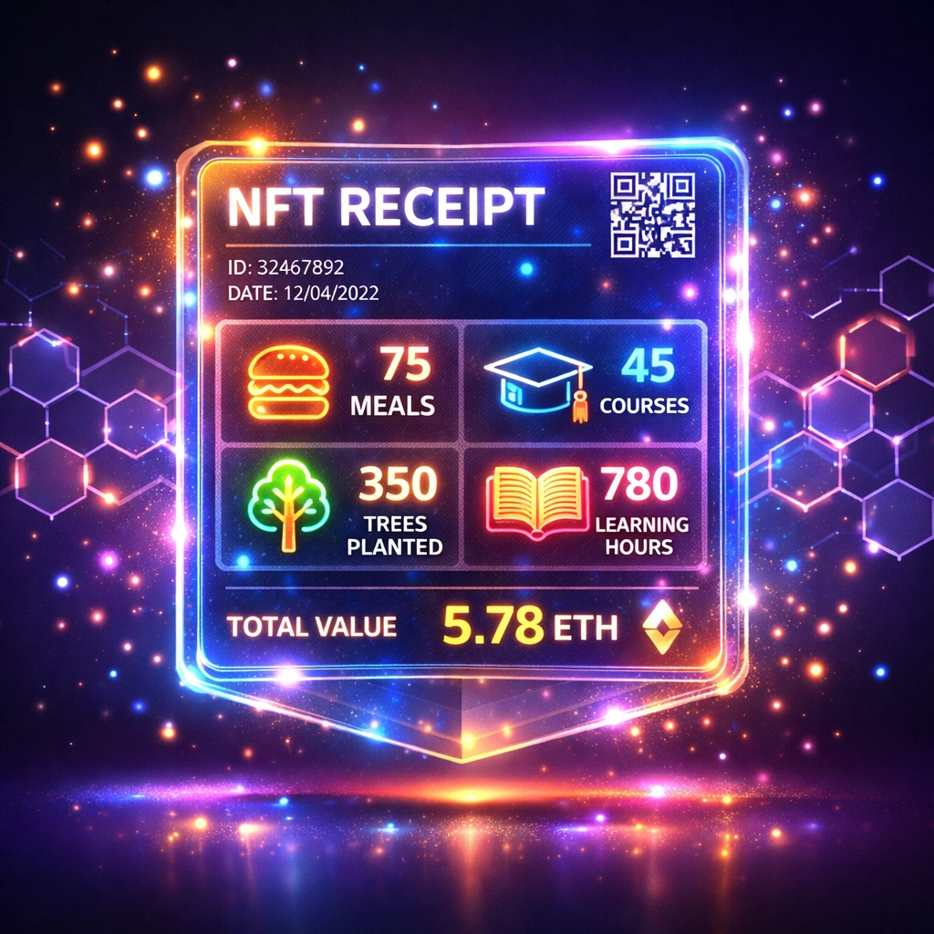 NFT receipt showing charitable impact metrics from Larecoin transaction