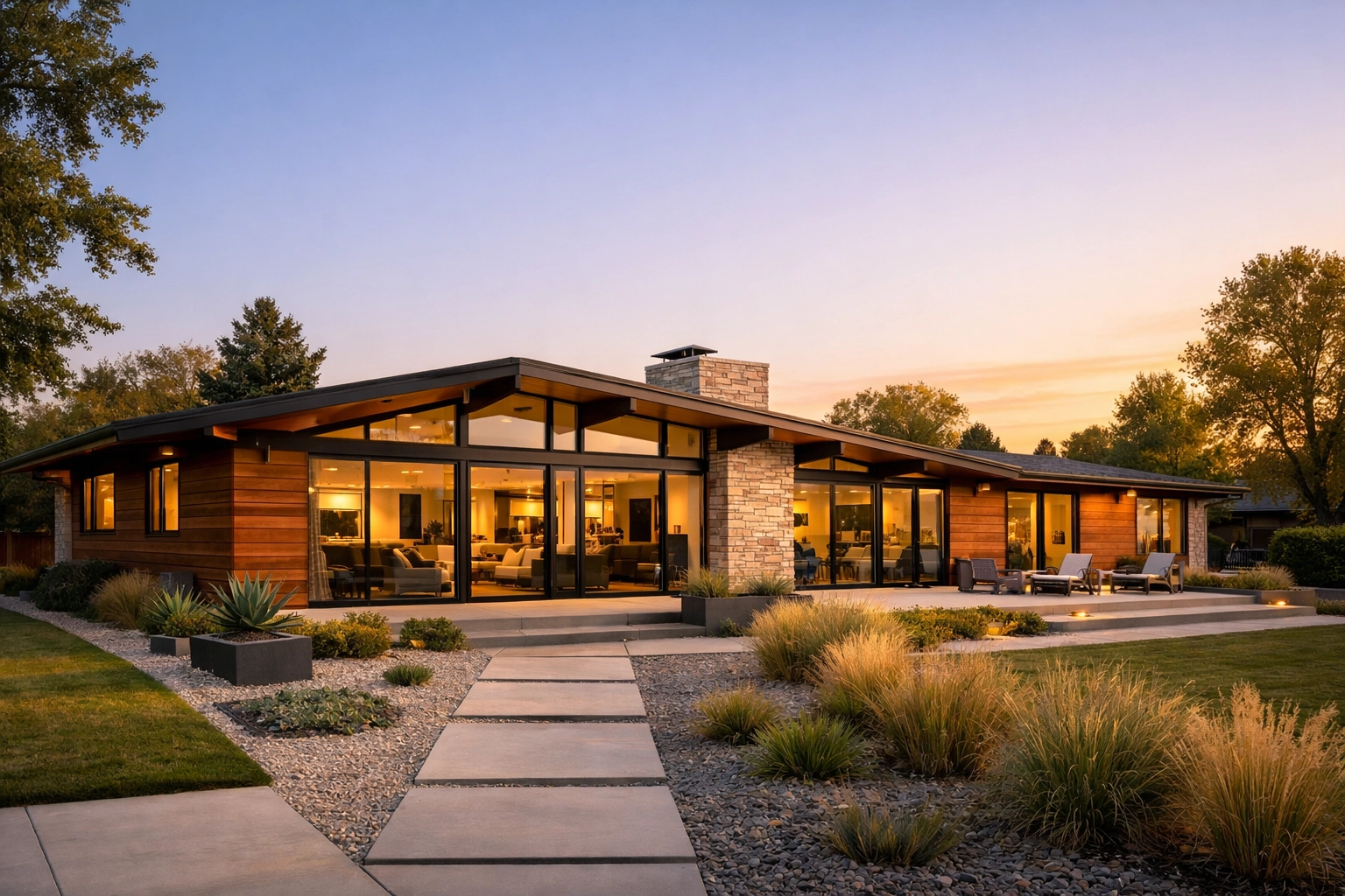 Mid-century modern ranch home with floor-to-ceiling windows on a large lot in Southmoor Park, Denver.