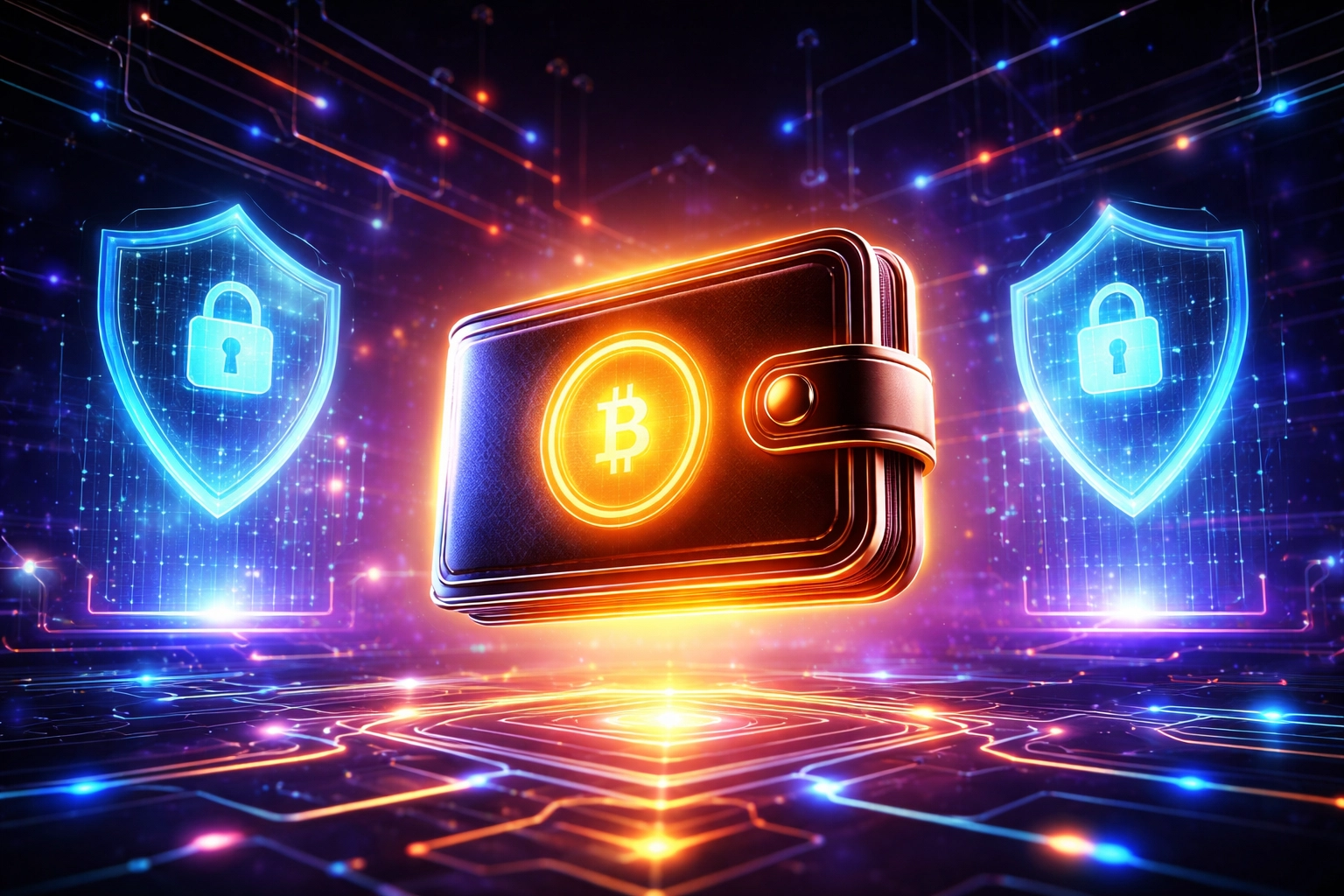 Glowing digital wallet in a secure cyber environment representing self-custody and blockchain payments in the metaverse.