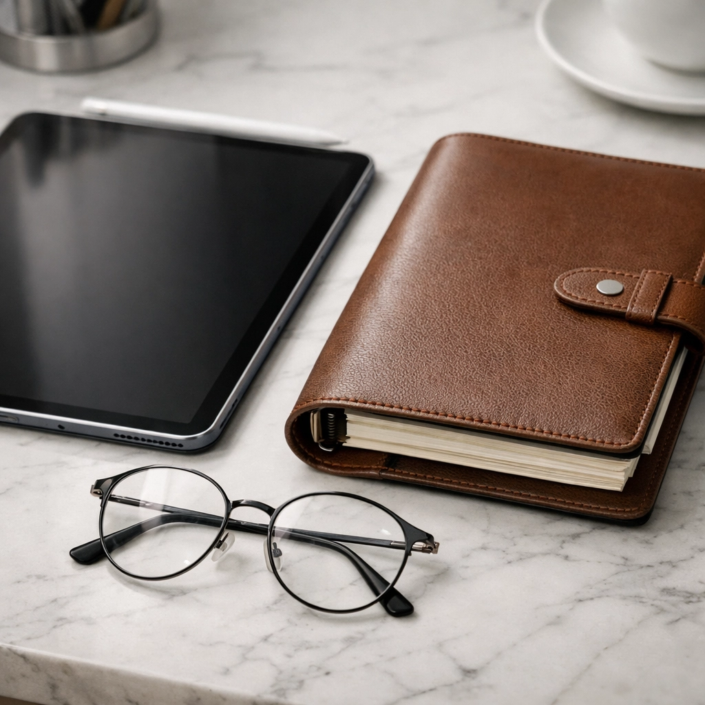 Close-up of a tablet and professional planner on a clean desk for tax preparer certification.