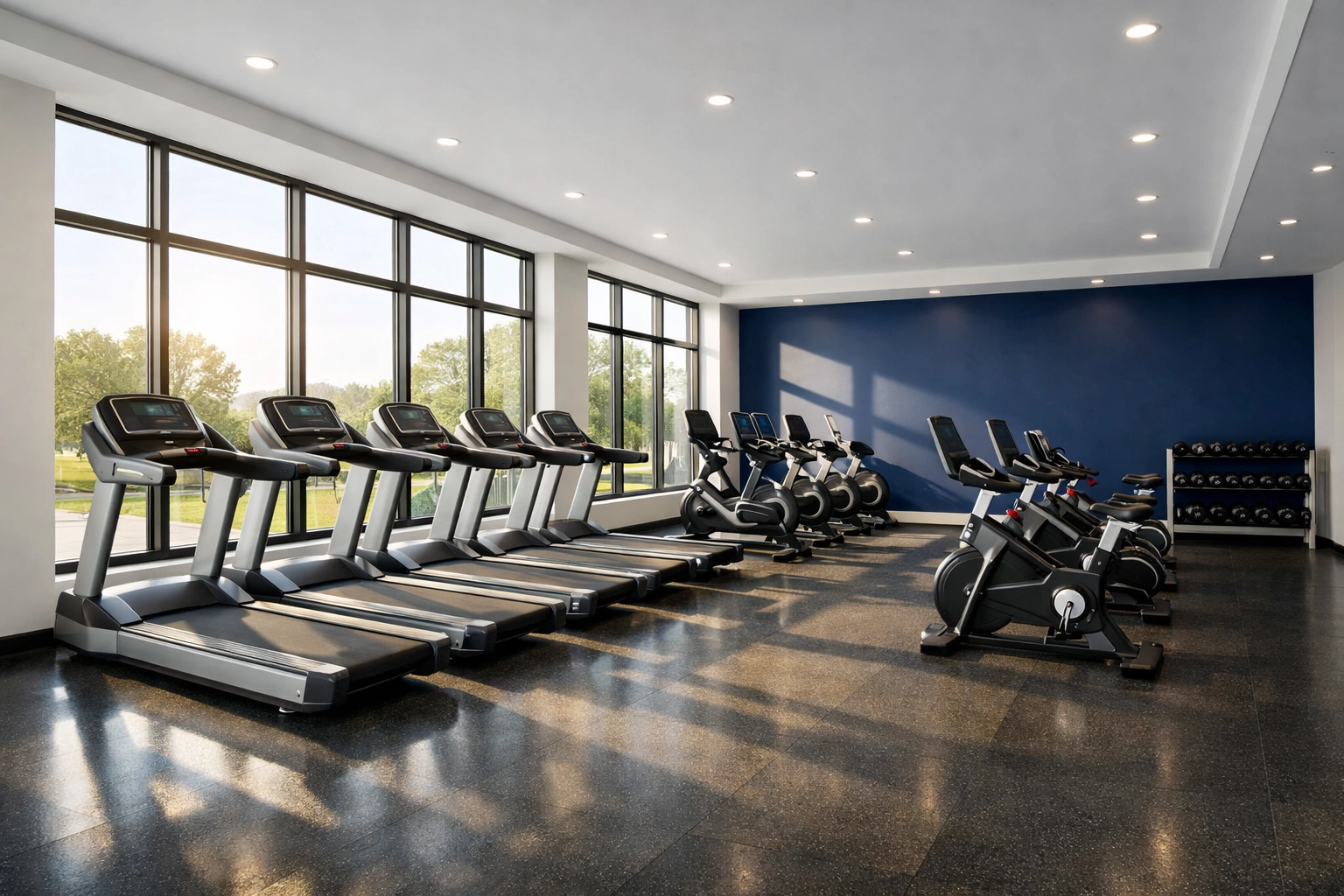 Clean and modern commercial gym interior in Lancaster, MA with sanitized treadmills and fitness equipment.