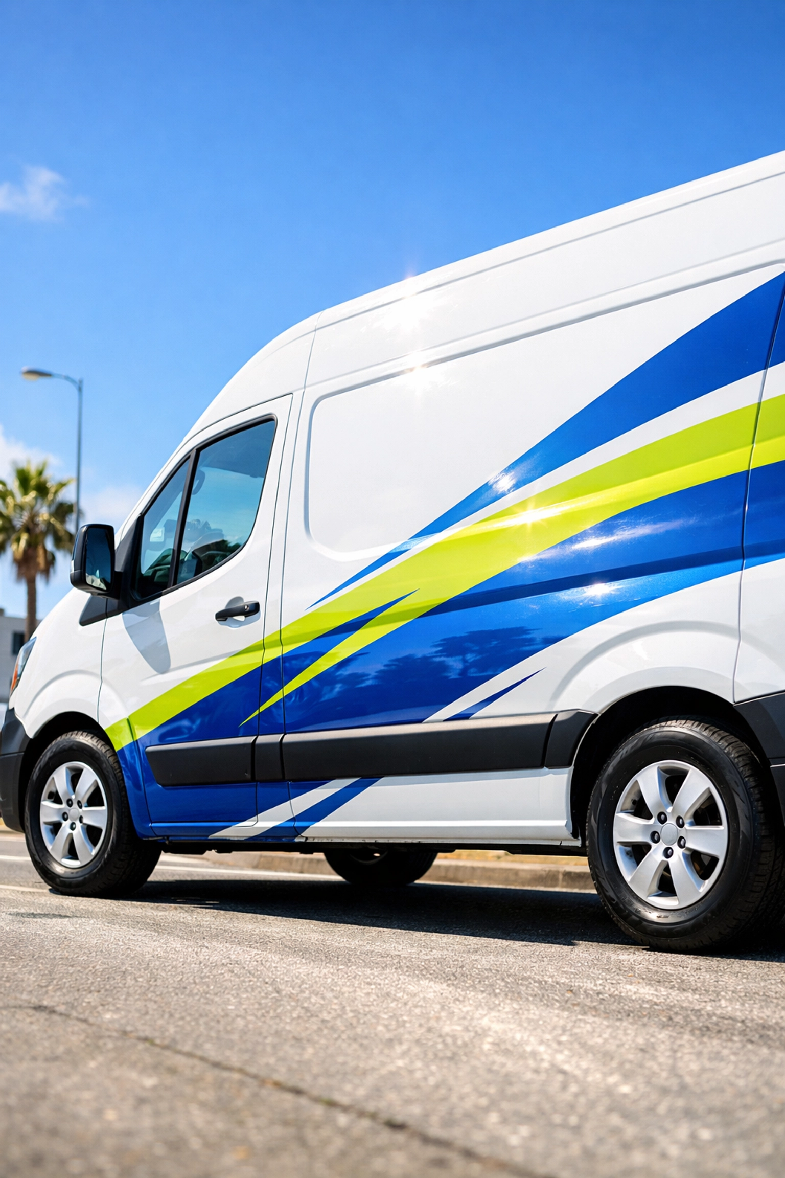 White service van with a vibrant partial vehicle decal wrap for professional mobile business advertising.