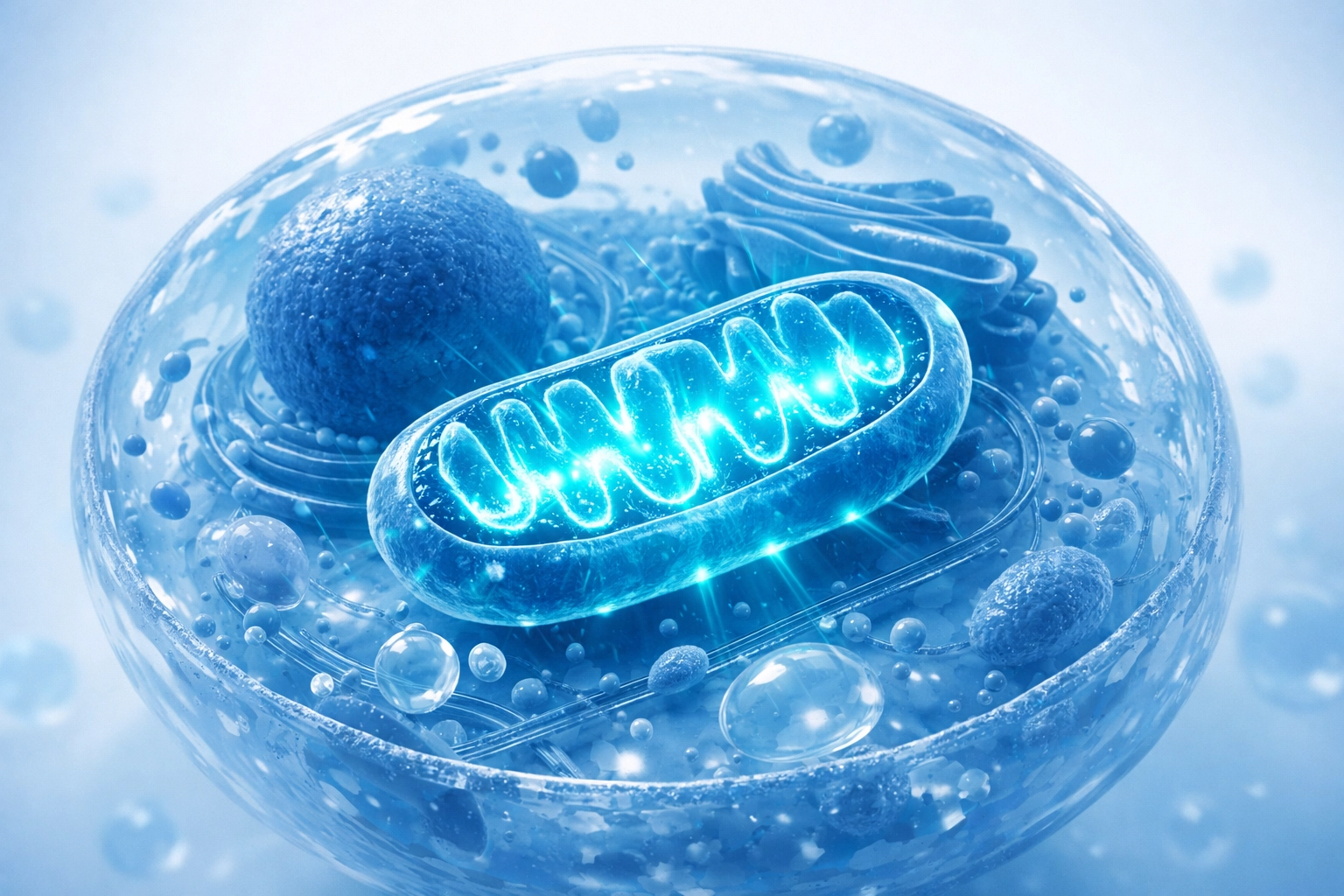 Microscopic view of a healthy mitochondrion highlighting cellular energy and ATP production.