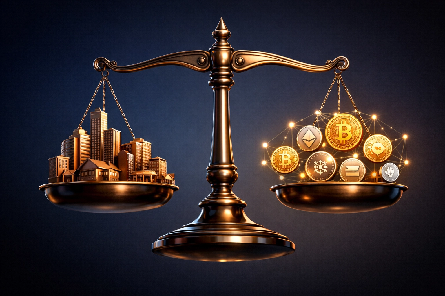 Balanced portfolio scale with real estate properties and cryptocurrency showing asset allocation