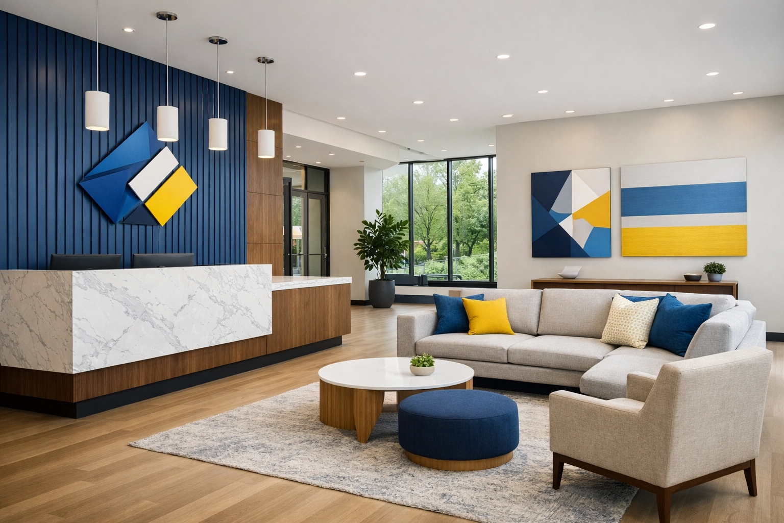 Bright, high-end Brookline office lobby with natural light and blue, white, and yellow accents.