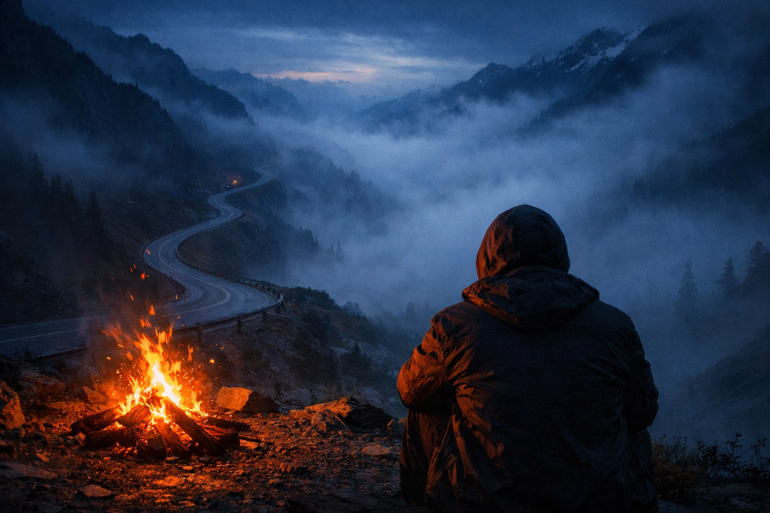 A campfire beside a foggy mountain road, symbolizing narrative structure and the inciting incident of a vlog.