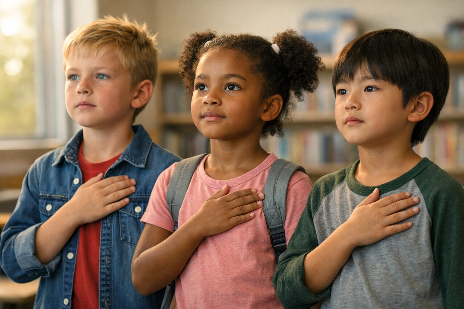 Diverse schoolchildren with hands over their hearts reciting the Pledge of Allegiance in a classroom.
