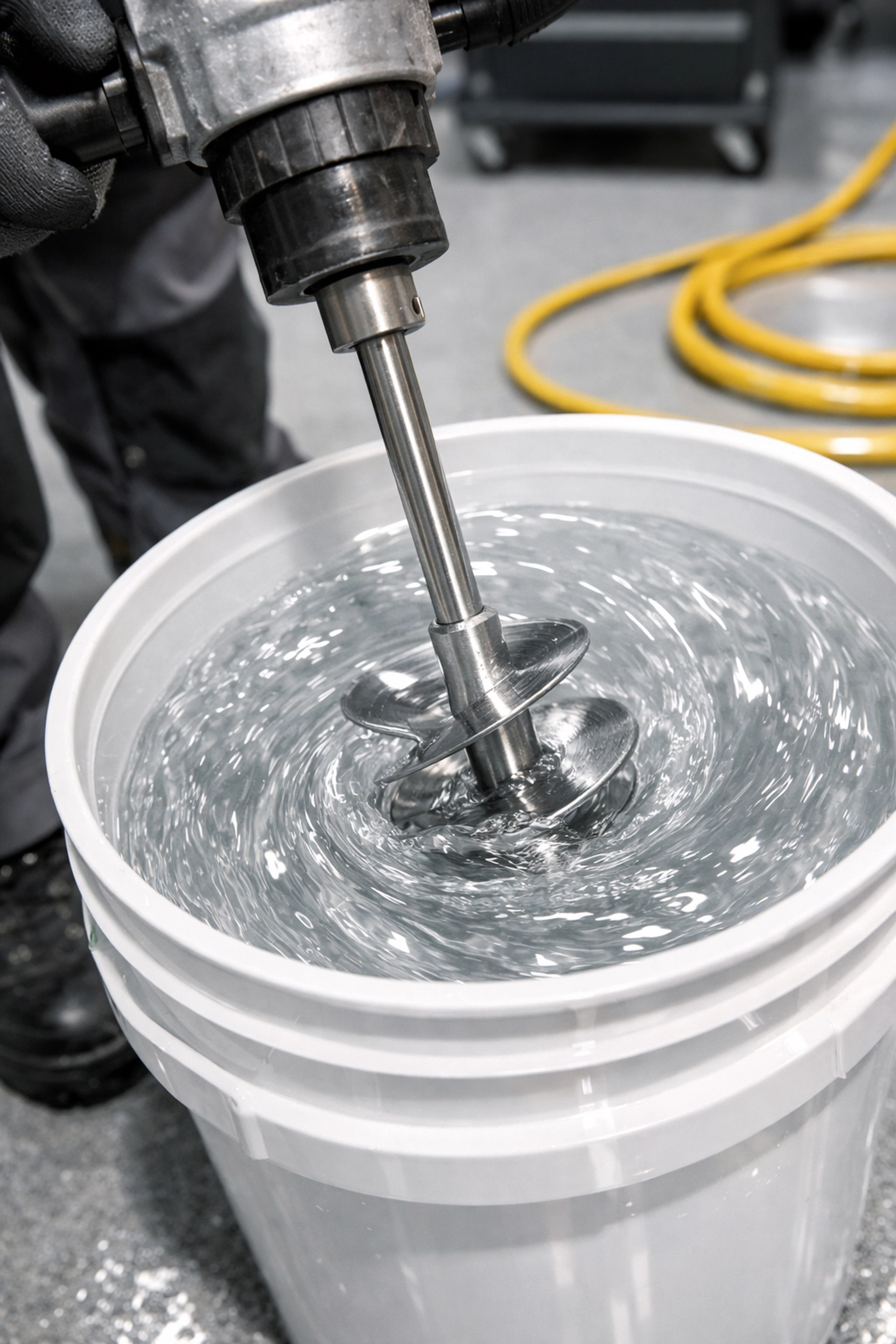 Professional mixing of high-solids polyaspartic resin for a durable garage floor coating installation.