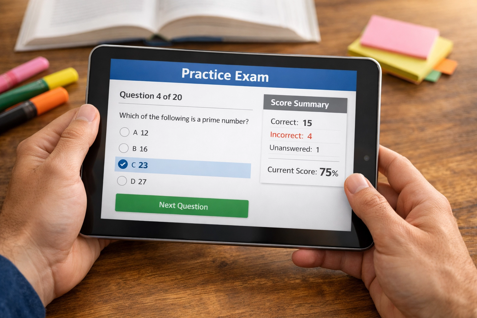 CLEP practice exam on tablet with multiple-choice questions and study guides (1x1, center safe zone)