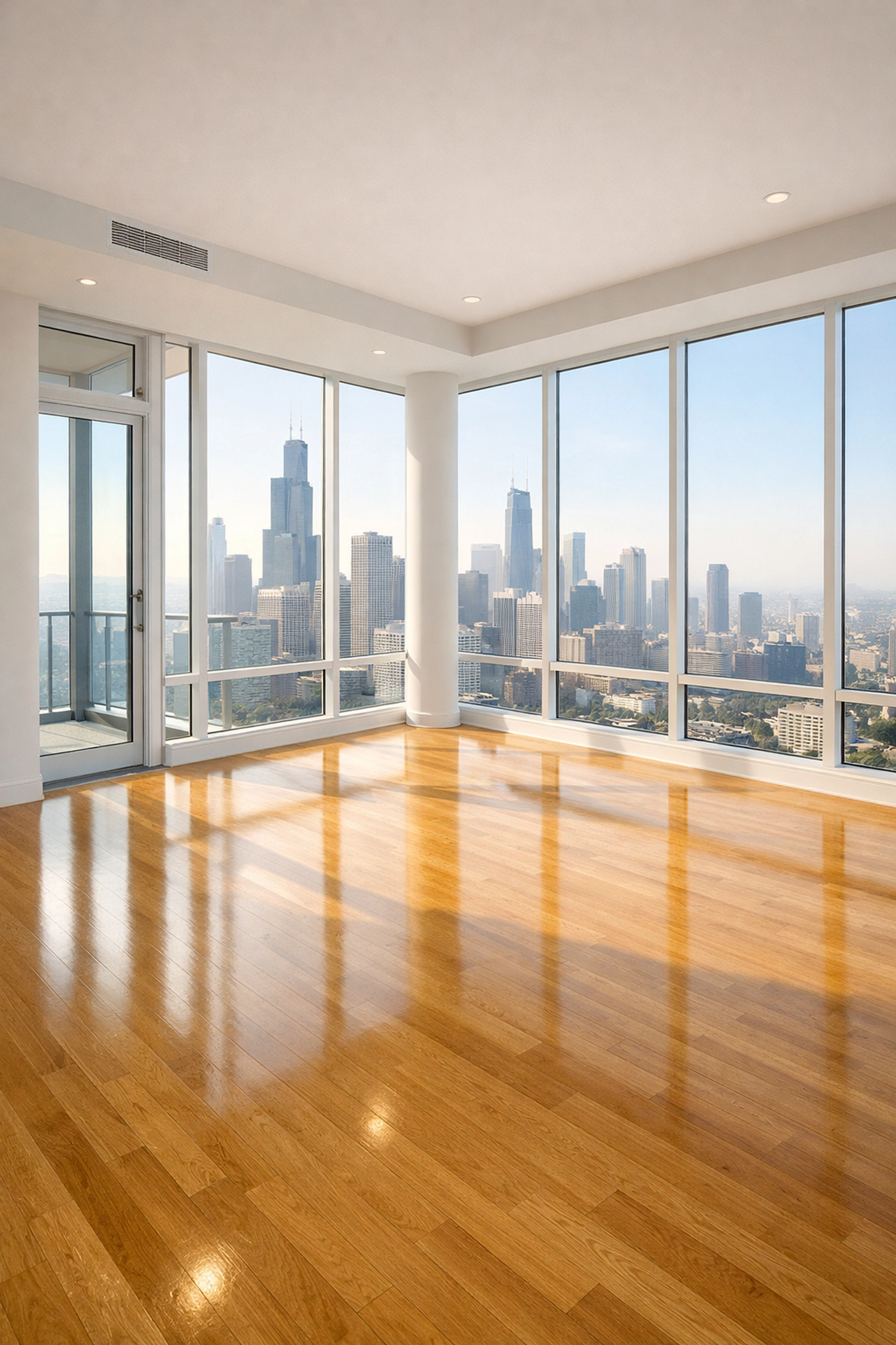 Clean rent-ready Chicago apartment with hardwood floors and skyline view after move out cleaning.