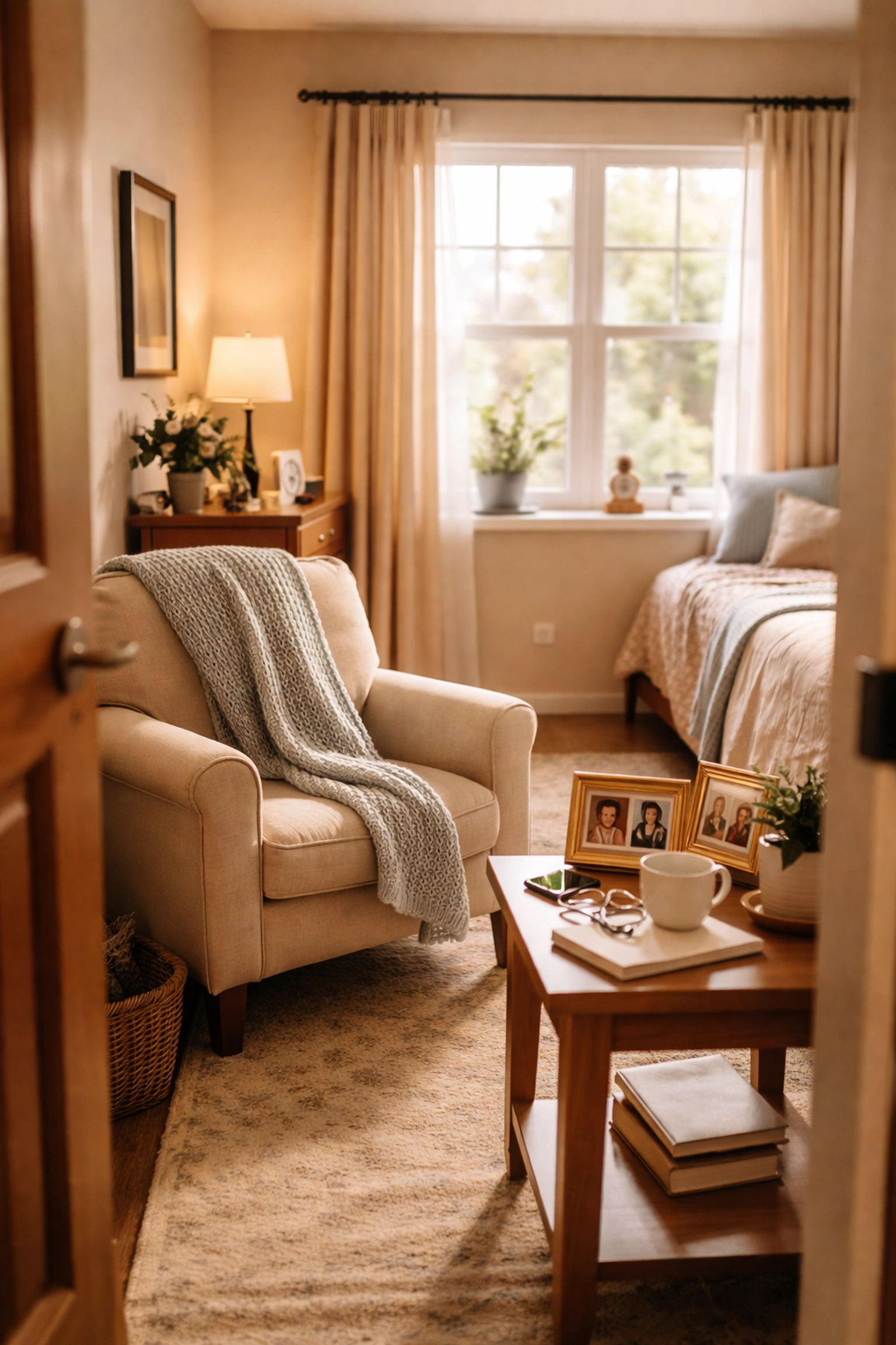 Cozy assisted living room setup with personal photos, chair, and keepsakes for a comfortable Columbus move.