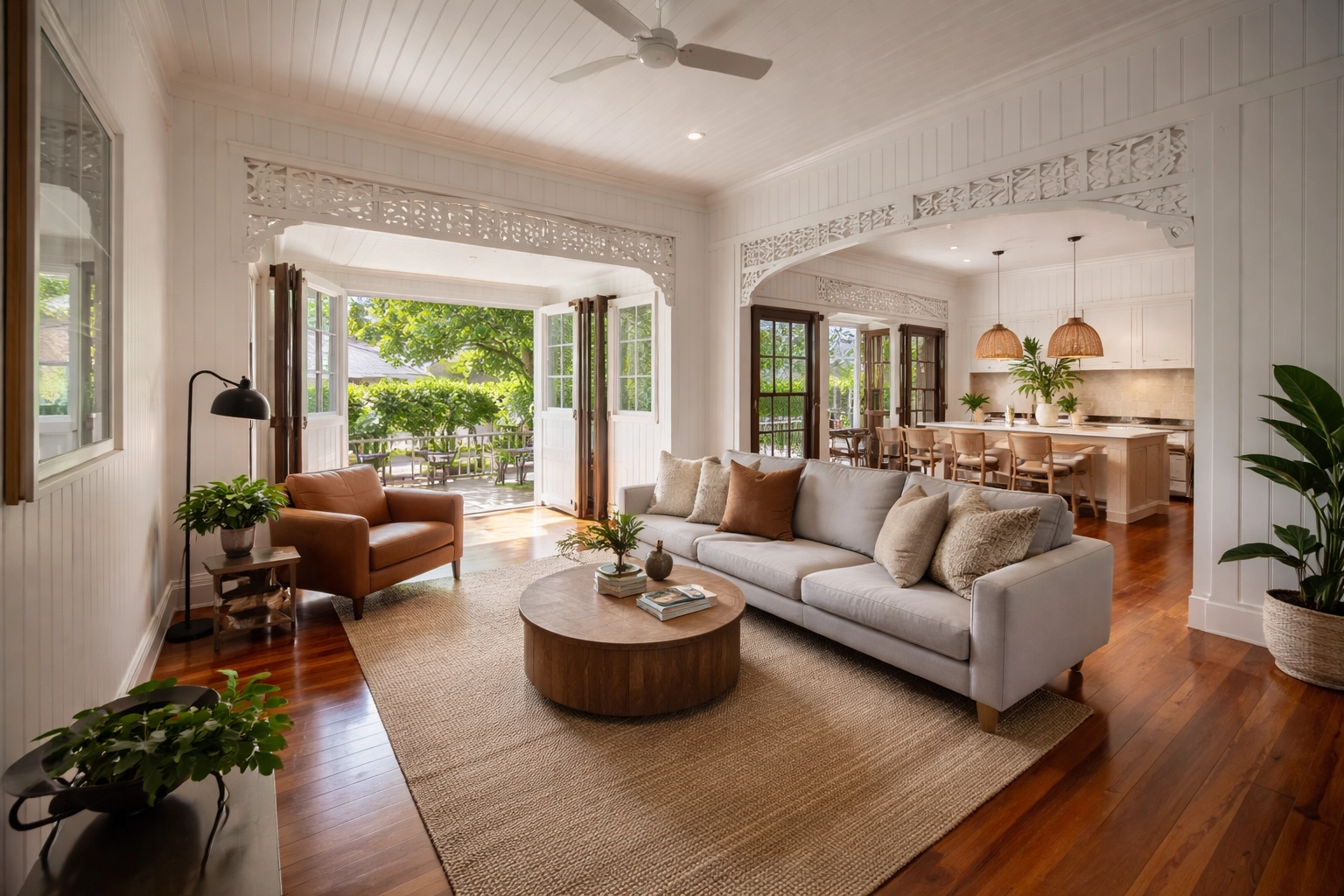 Renovated Brisbane Queenslander home interior blending traditional timber with modern open-plan design