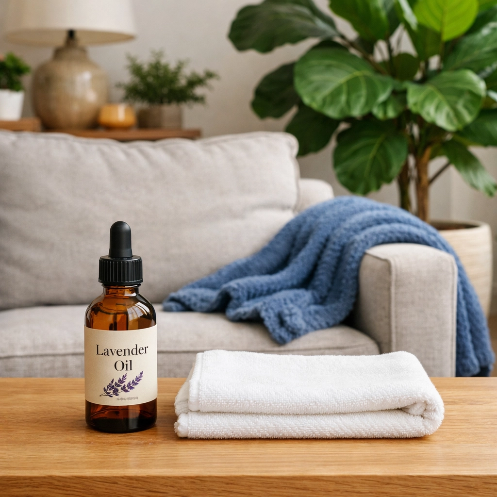 Natural lavender essential oil cleaning kit on a coffee table in a modern living room.