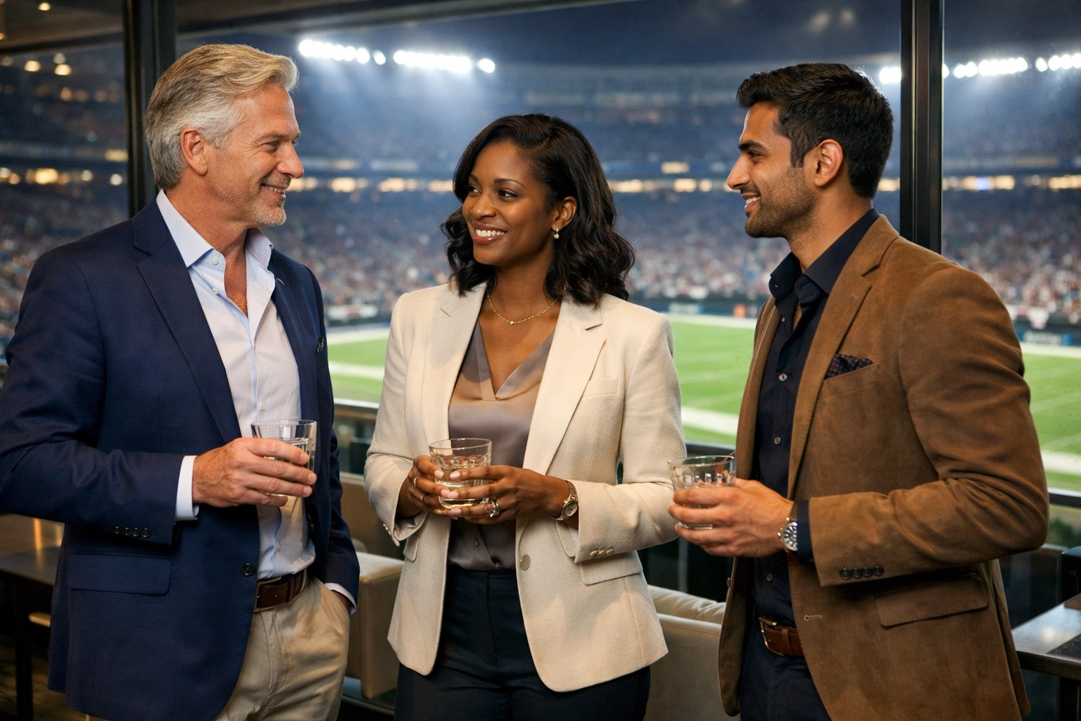 Business executives networking in a luxury stadium suite during a Super Bowl VIP hosting event.