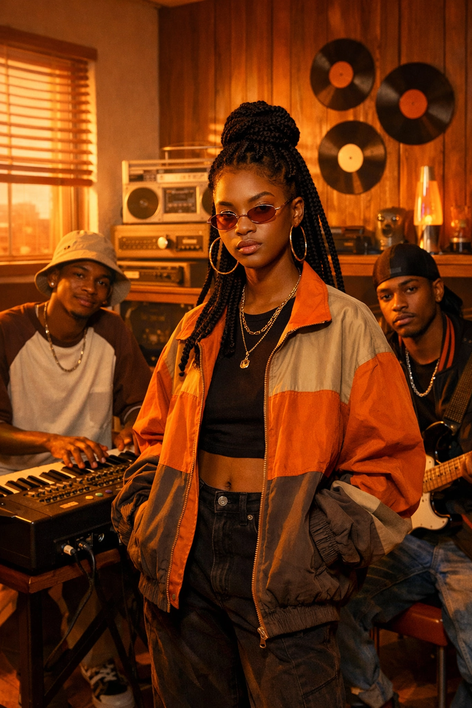 Group of R&B musicians with vintage equipment blending 90s nostalgia and modern sound
