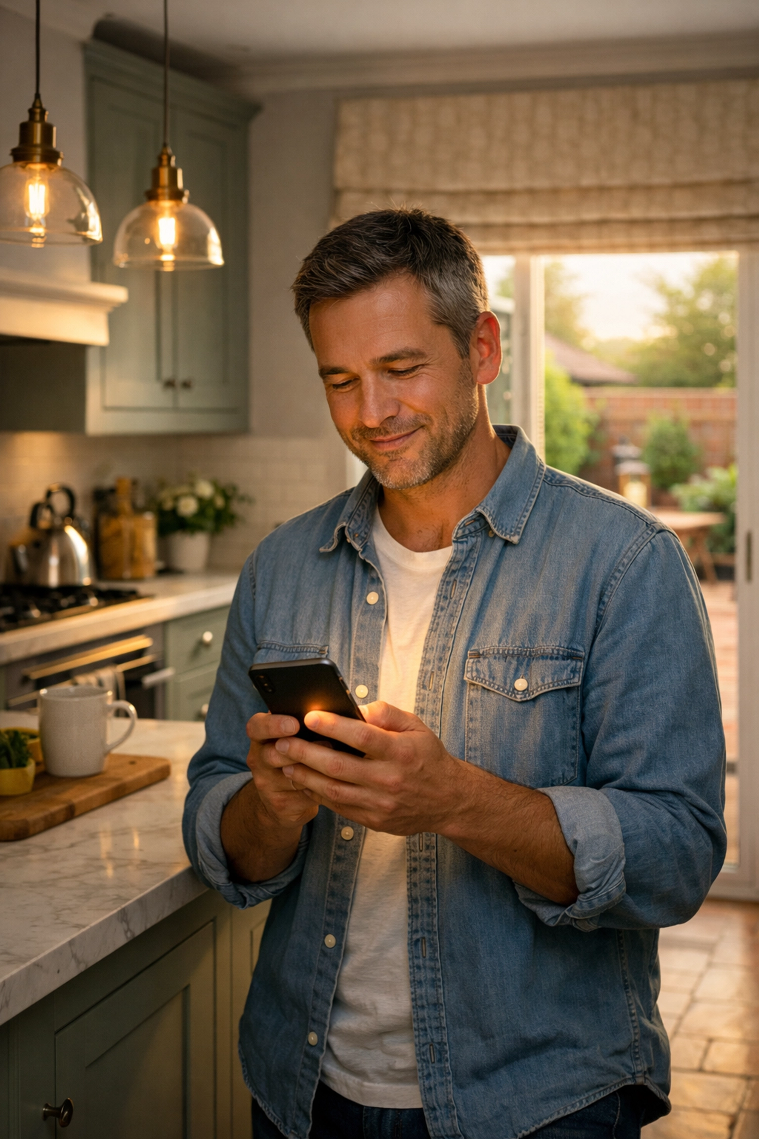 A homeowner in Oxford using a smart security app on their phone to monitor their property.