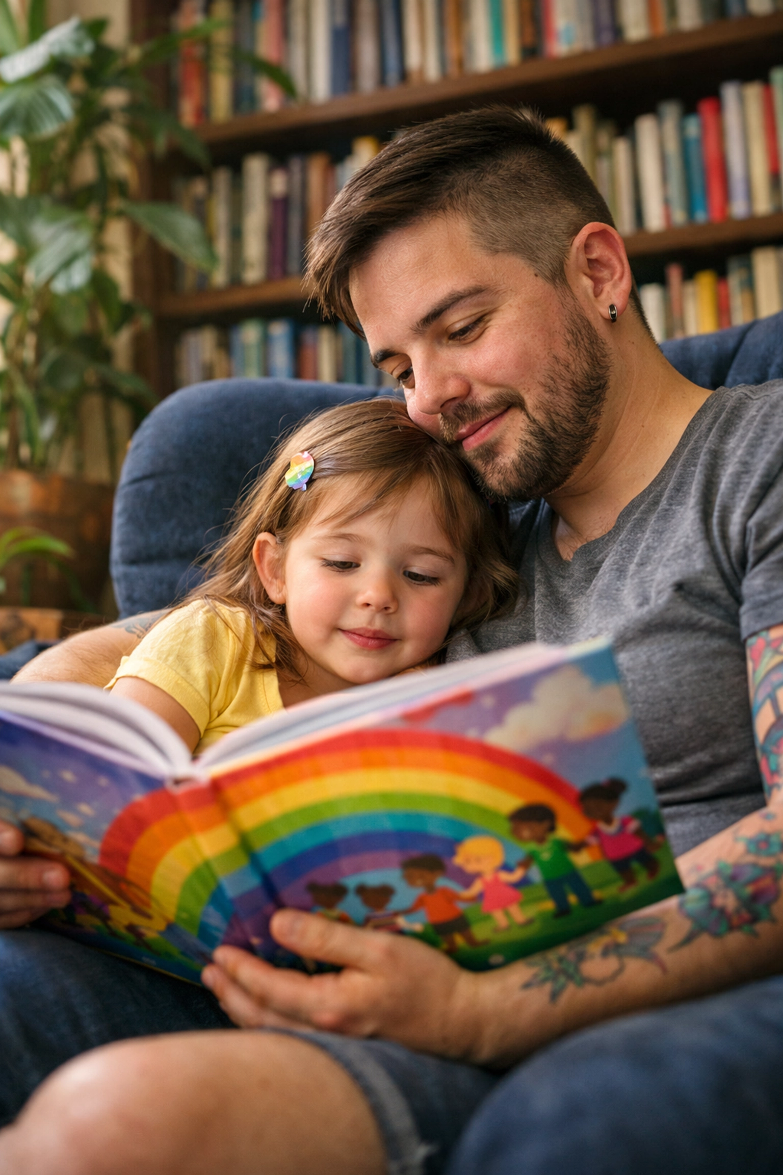 A single trans father reading an inclusive LGBTQ+ picture book to his young daughter in a cozy chair.