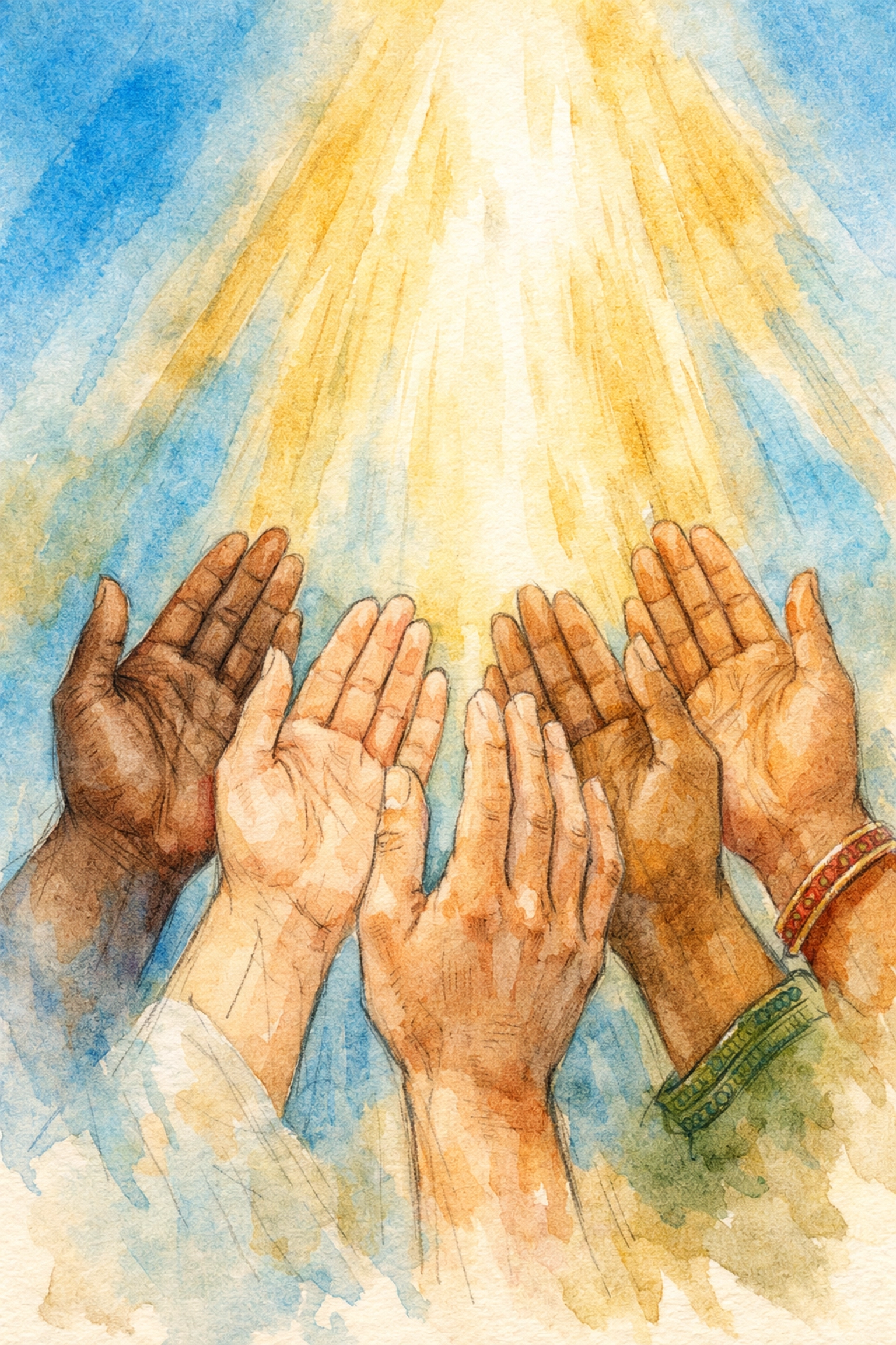 Diverse hands lifted in worship and prayer during online church service